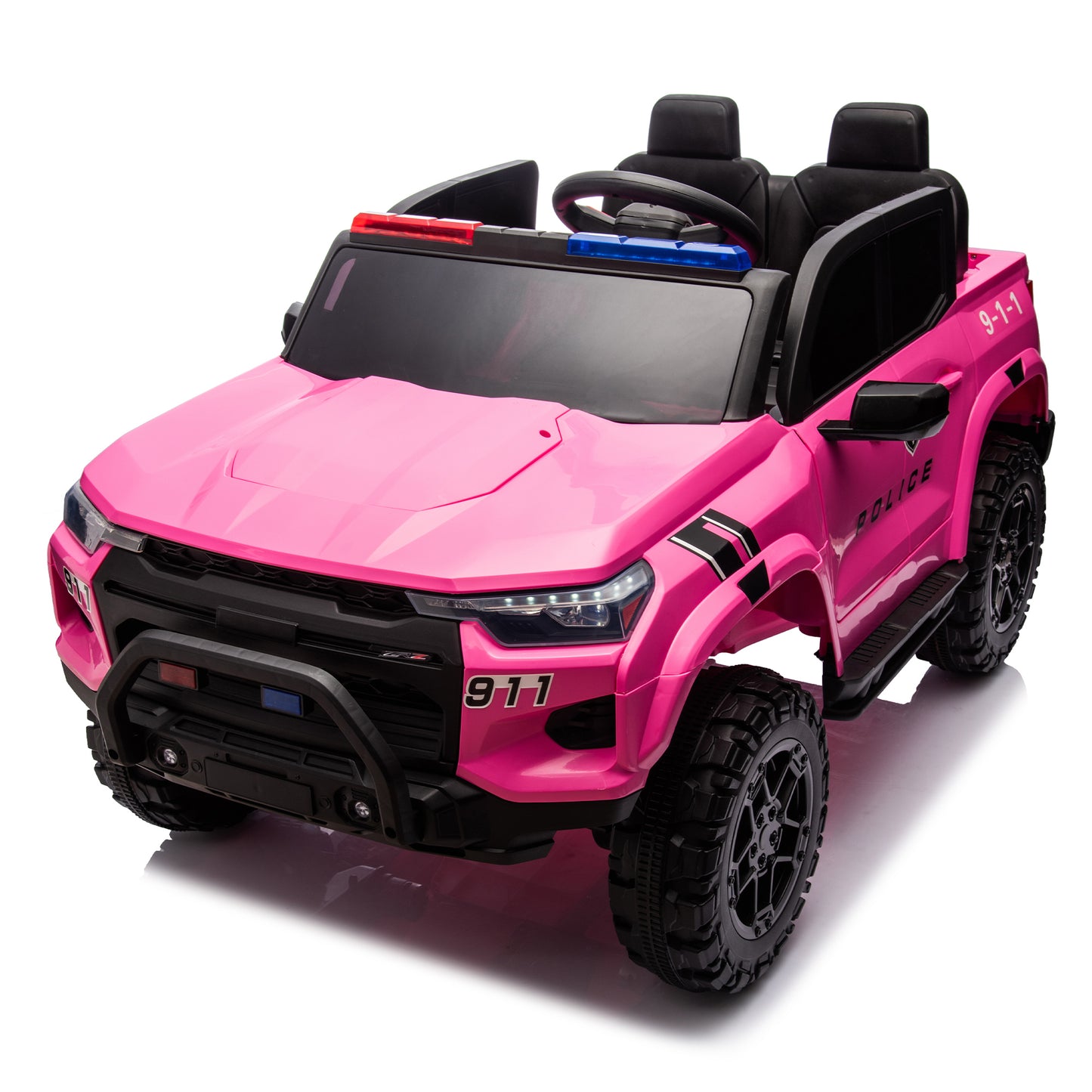 24V Two-seater Kids Ride On Electric Pickup,kids ride on toy W/parents remote control,4WD 800W motors,Two Safety Belts,High Gate Safety Design,Top warning light, Speed 2.49-3.73MPH for kids aged 3+.