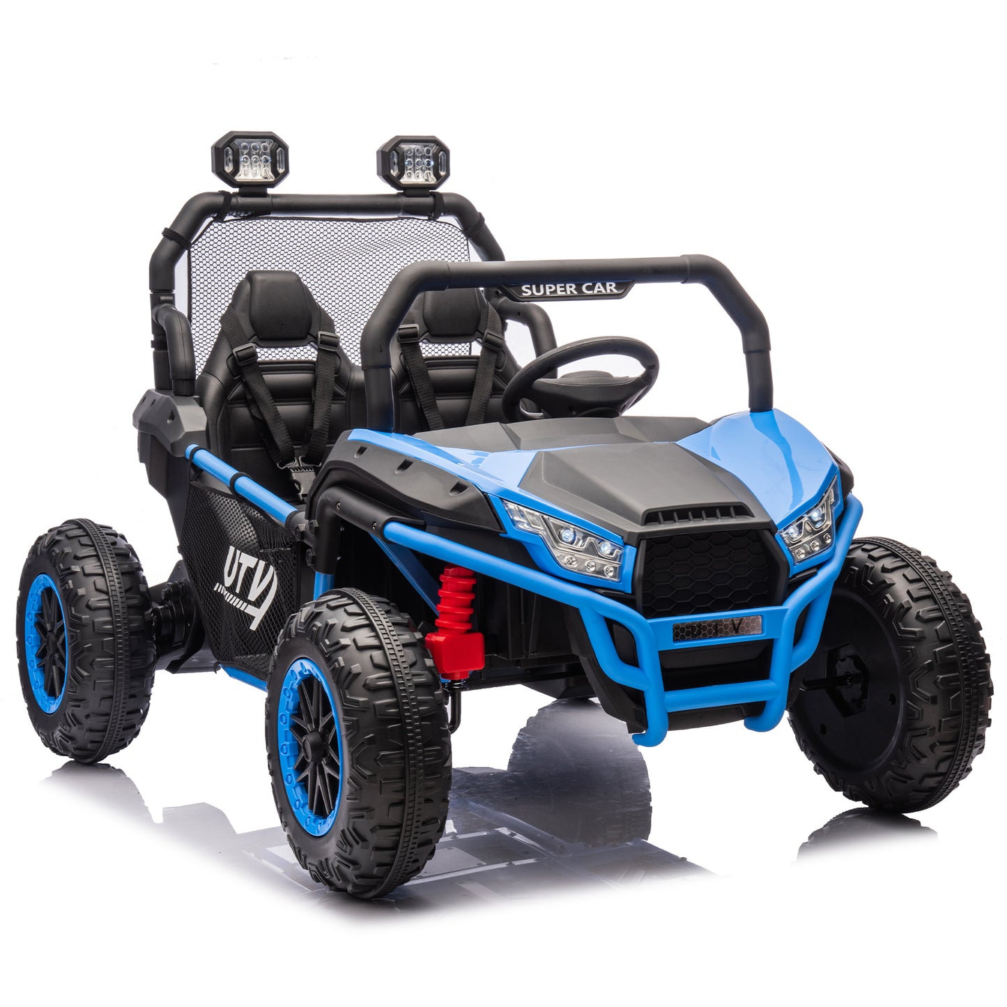 24V Two-seater Kids Ride On UTV W/Parents Control,400W Super Power,Four-wheel suspension,LED Light with Rear searchlight,Bluetooth,MP3,Music,Rear storage space,Speeds 3.73-4.97MPH for Kids aged 3+.