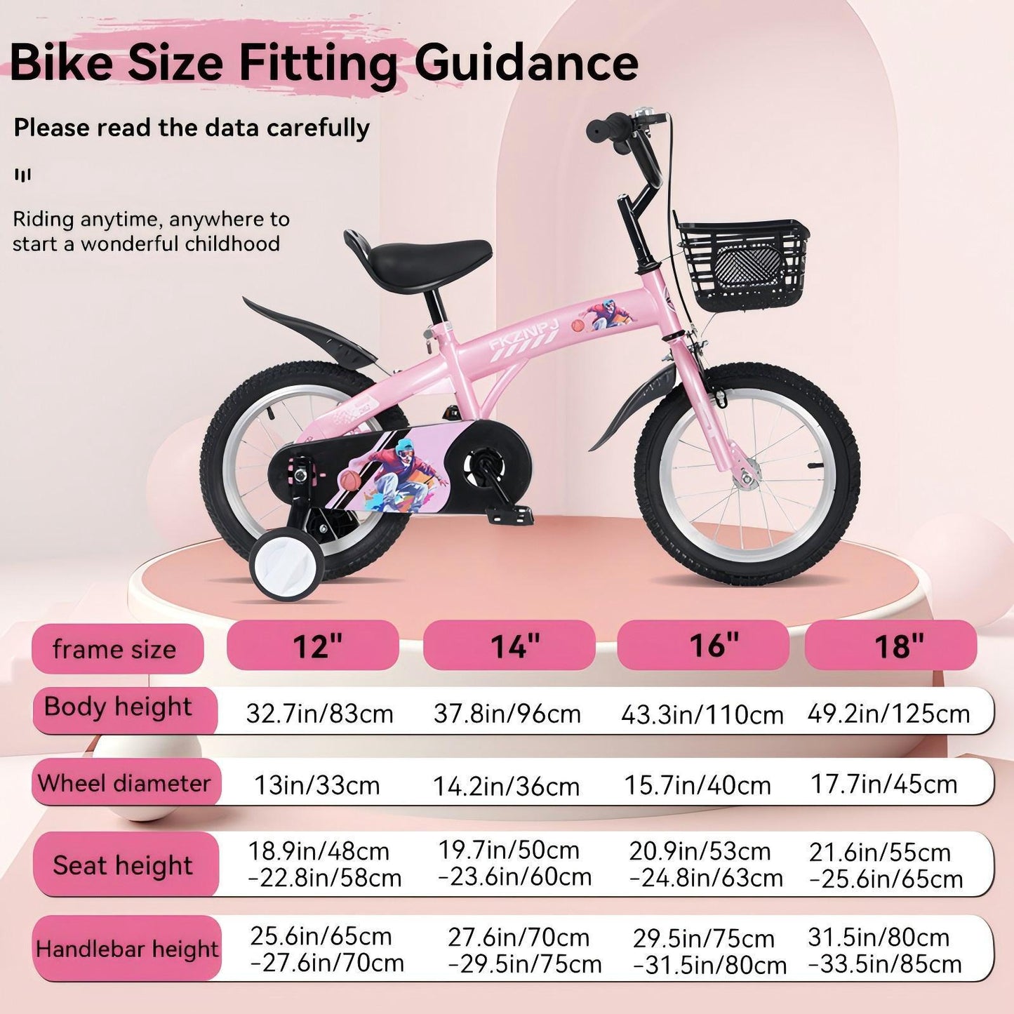 FKZNPJ 16 inch sporty kids bike with training wheels and stand Adjustable saddle Suitable for boys and girls aged 4-8 years tall Height 41-53 inches Available in a variety of colors