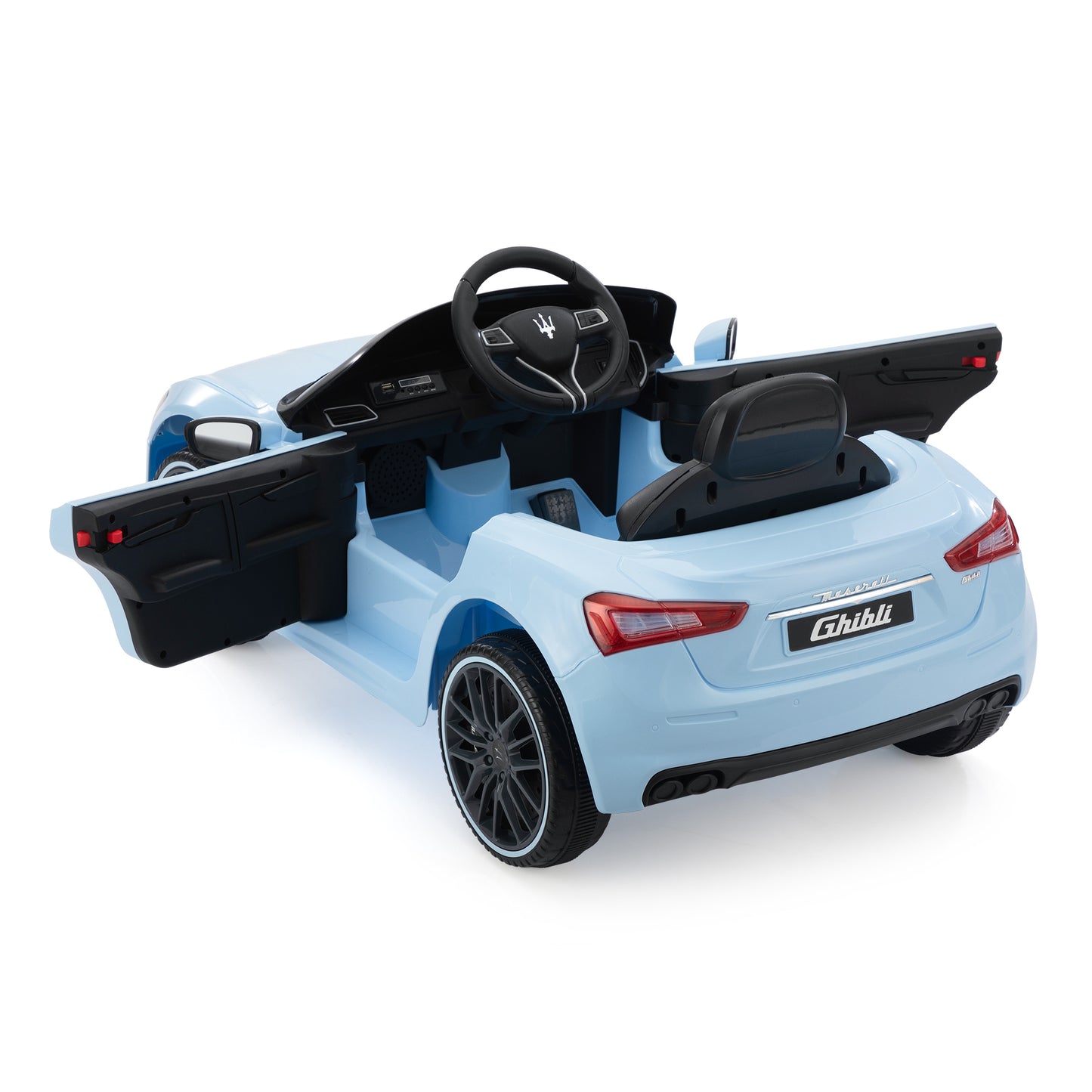 Maserati Ghibli Licensed 12V Kids Ride On Car, Battery Powered Electric Vehicle w/ 2.4G Remote Control, LED Lights, MP3 Music, USB, Horn, Children Age 3-6, Small, Light Blue and Black