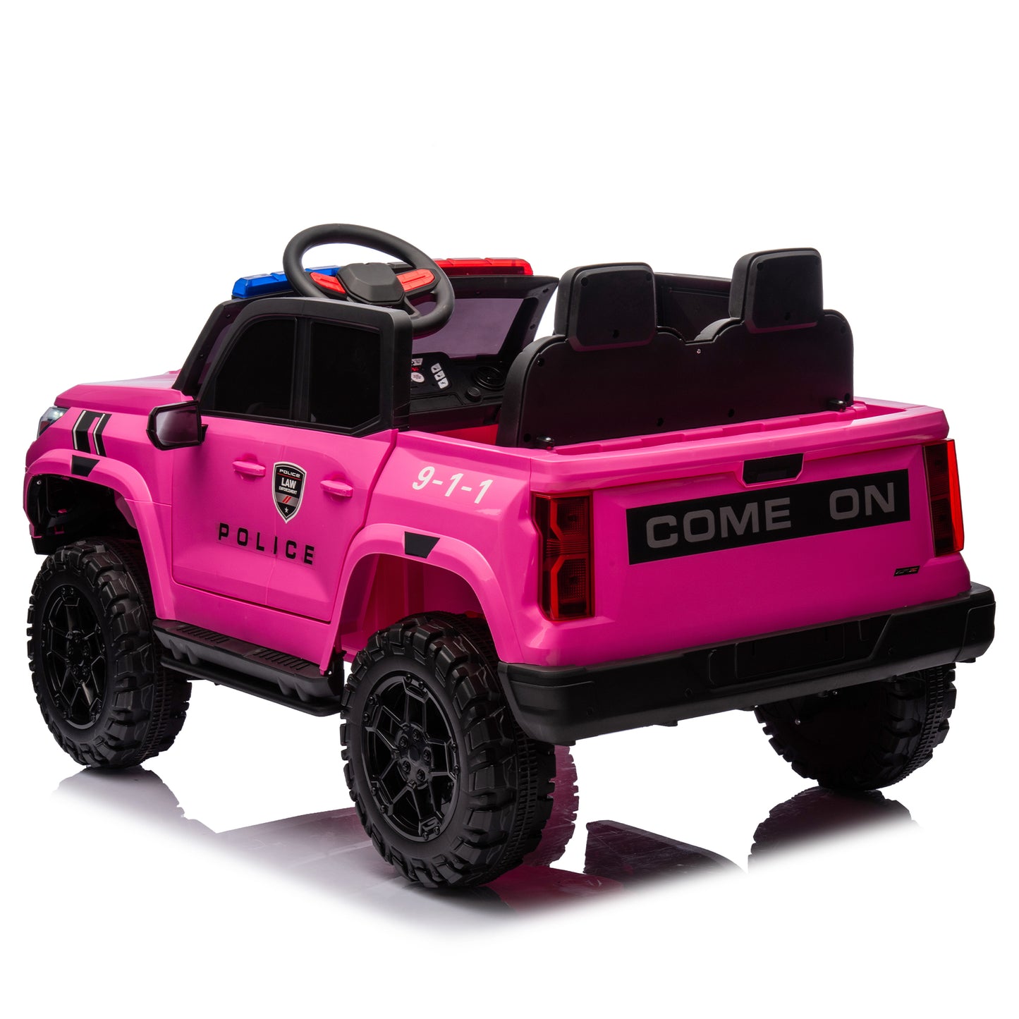 24V Two-seater Kids Ride On Electric Pickup,kids ride on toy W/parents remote control,4WD 800W motors,Two Safety Belts,High Gate Safety Design,Top warning light, Speed 2.49-3.73MPH for kids aged 3+.