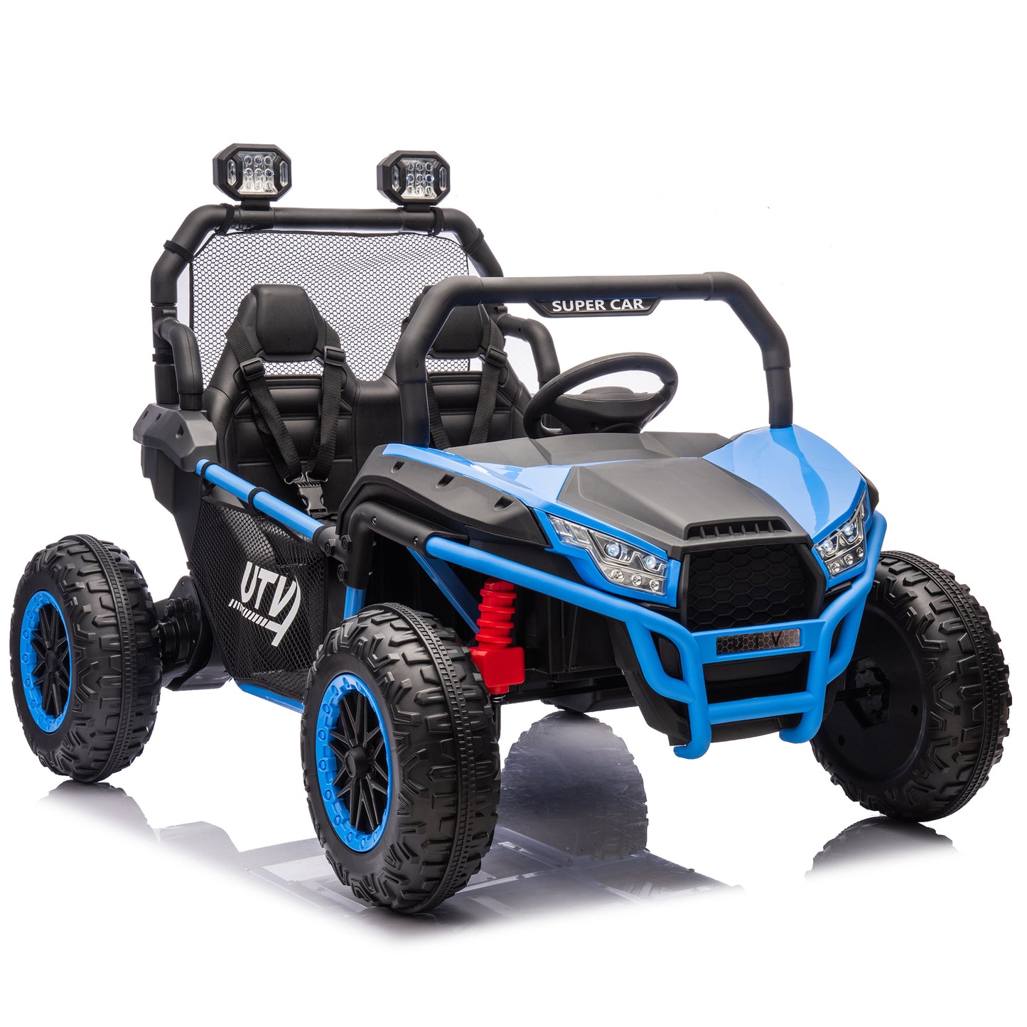 24V Two-seater Kids Ride On UTV W/Parents Control,400W Super Power,Four-wheel suspension,LED Light with Rear searchlight,Bluetooth,MP3,Music,Rear storage space,Speeds 3.73-4.97MPH for Kids aged 3+.