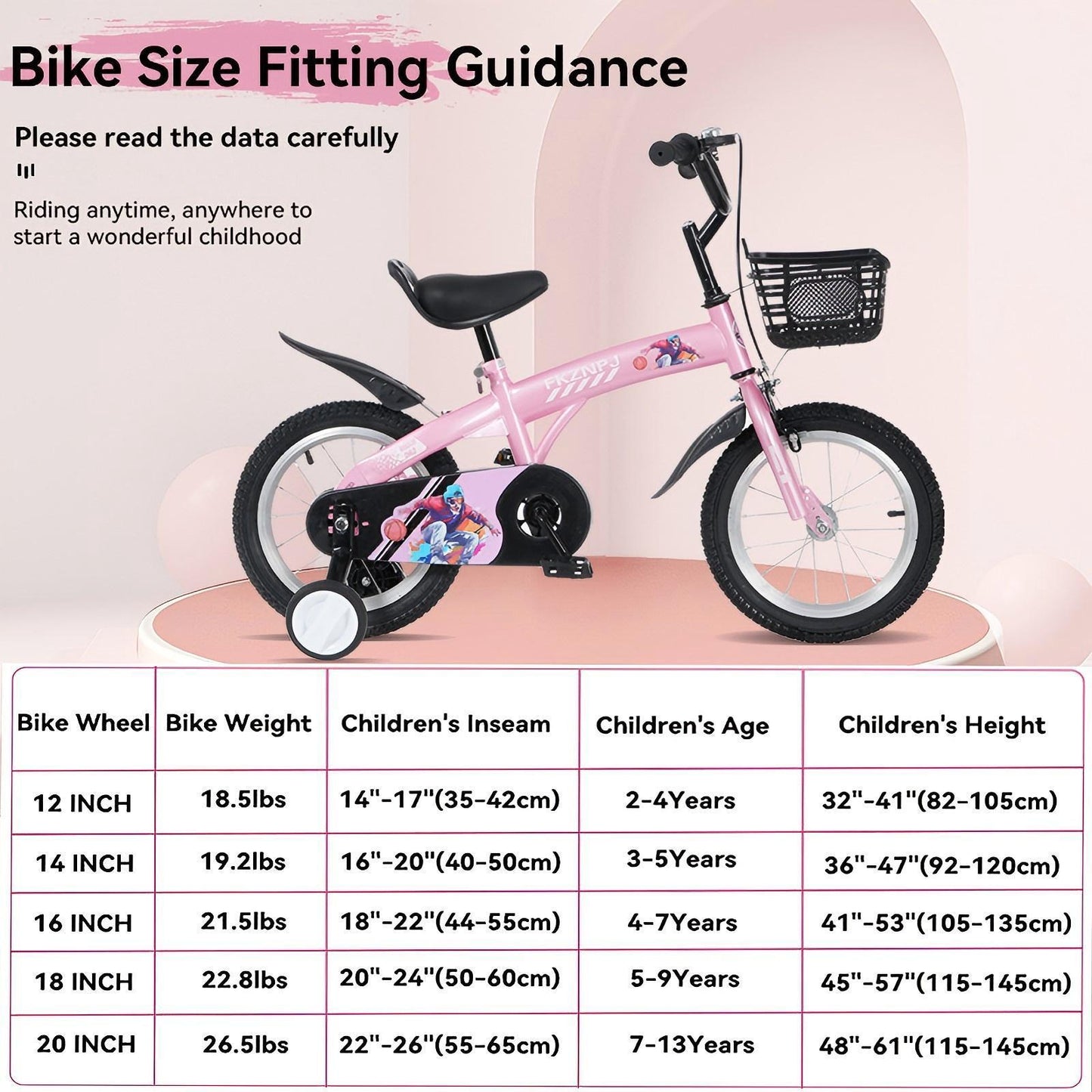 FKZNPJ 16 inch sporty kids bike with training wheels and stand Adjustable saddle Suitable for boys and girls aged 4-8 years tall Height 41-53 inches Available in a variety of colors