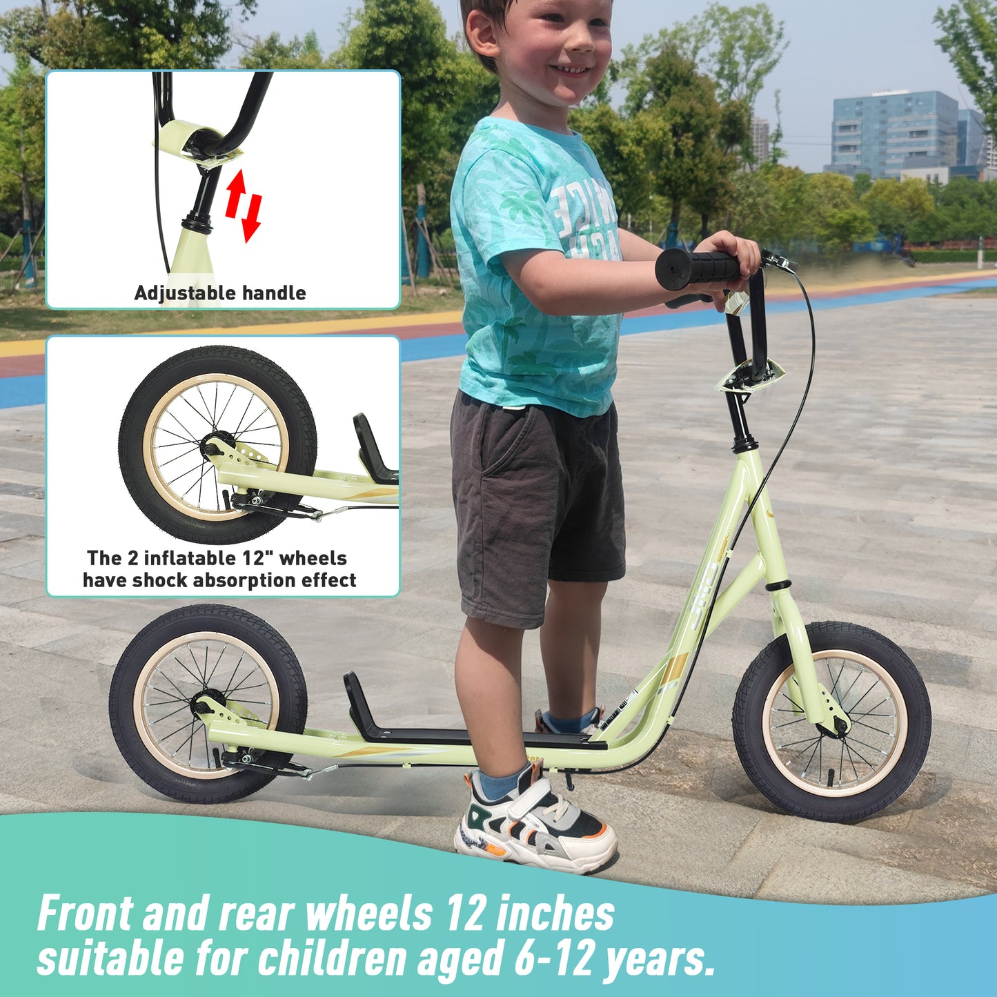 Youth Scooter Kick Scooter for Kids 6+ with Adjustable Handlebar, 12 Inch Inflatable Wheels ,Widened non-slip Footboard