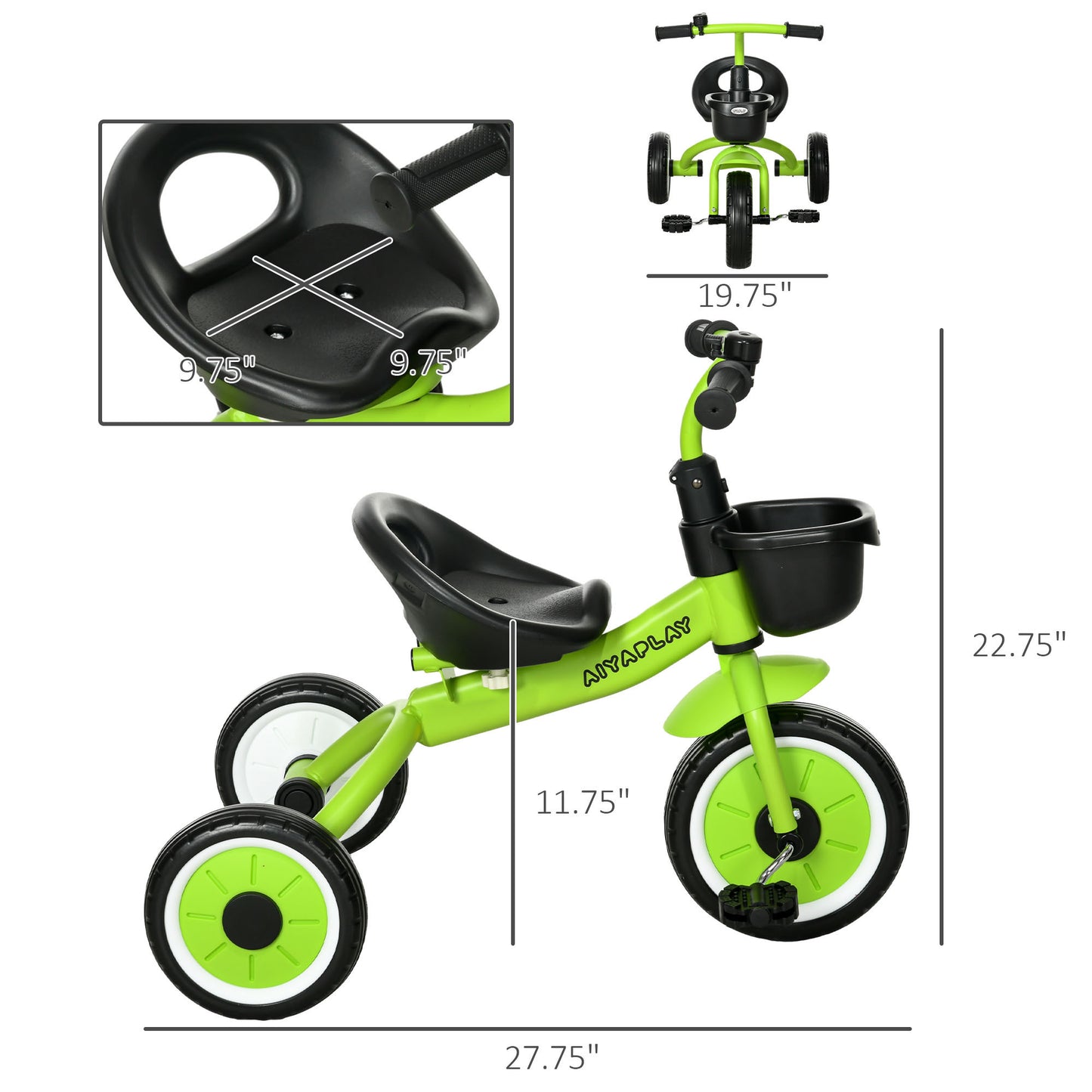 Qaba Kids Tricycle for Toddlers Age 2-5 with Adjustable Seat, Toddler Bike for Children with Basket, Bell, Handlebar Grips, Green