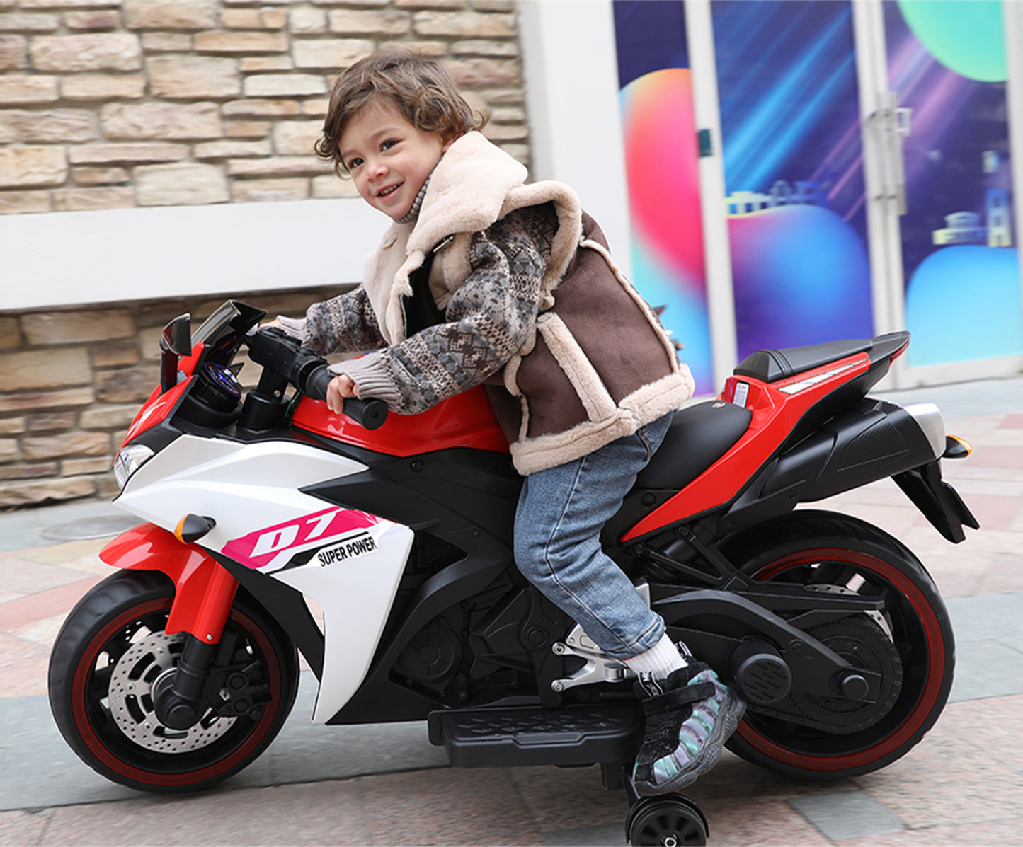 Electric motorcycle/ 12V Kids toys motorcycle/Kids electric car/electric ride on toys  for  3 4 5 6 years Boys Girls with Training  Wheels/manual throttle/ drive by hand/Lighting  wheels