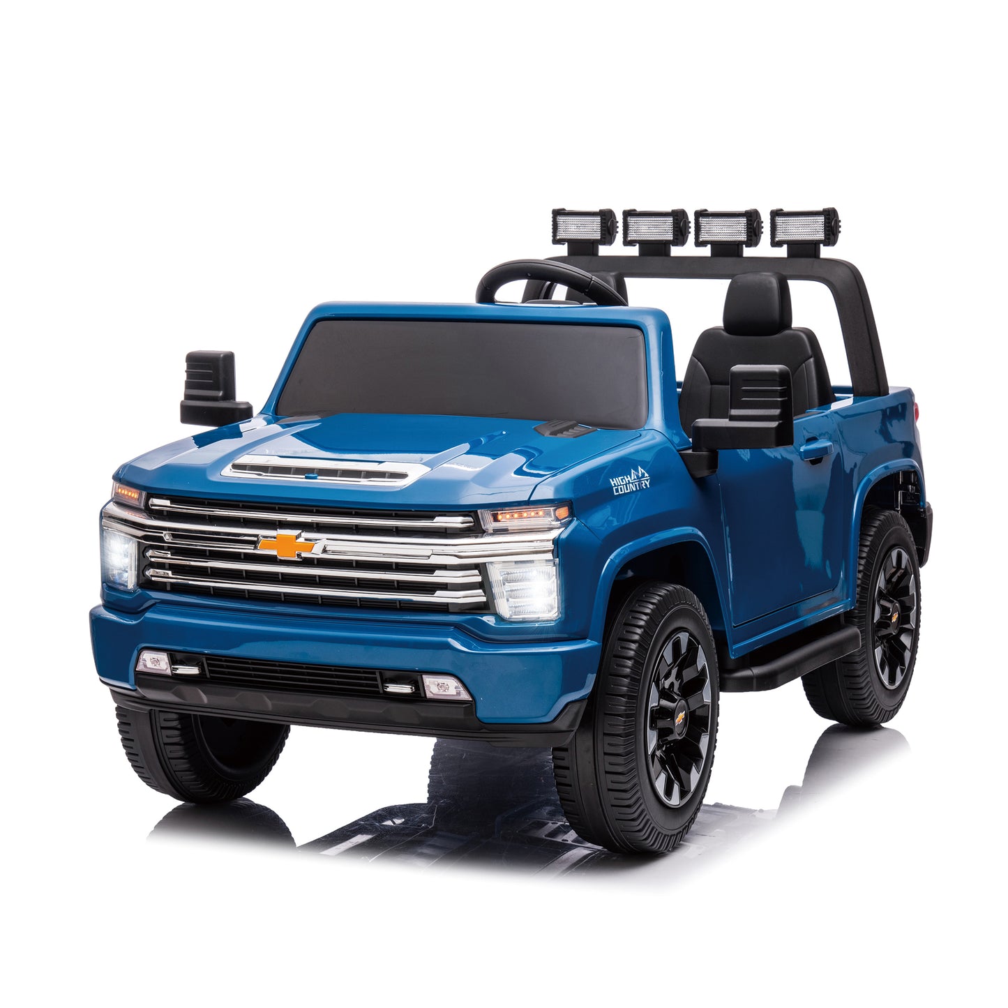 Blue, 24V 2 Seater Ride On Truck Car, Licensed Chevrolet Silverado HD Electric Car for Kids, 4WDmotors, with 2.4G Remote Control, Metal Suspension, Soft Start, FM/Bluetooth/Music, LED Light,Toys Gifts