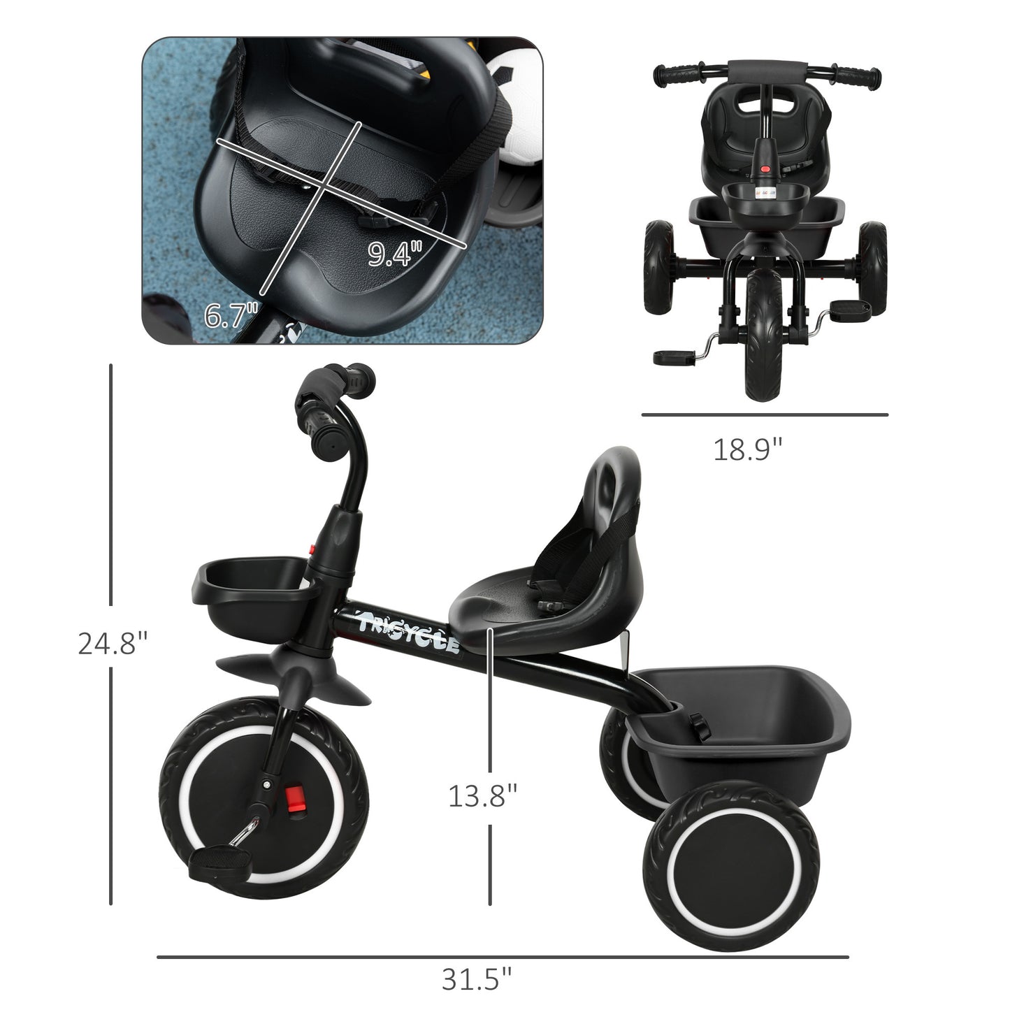 Qaba Tricycle for Toddlers Age 2-5 with Adjustable Seat, Toddler Bike with Storage Baskets for Girls and Boys, Black