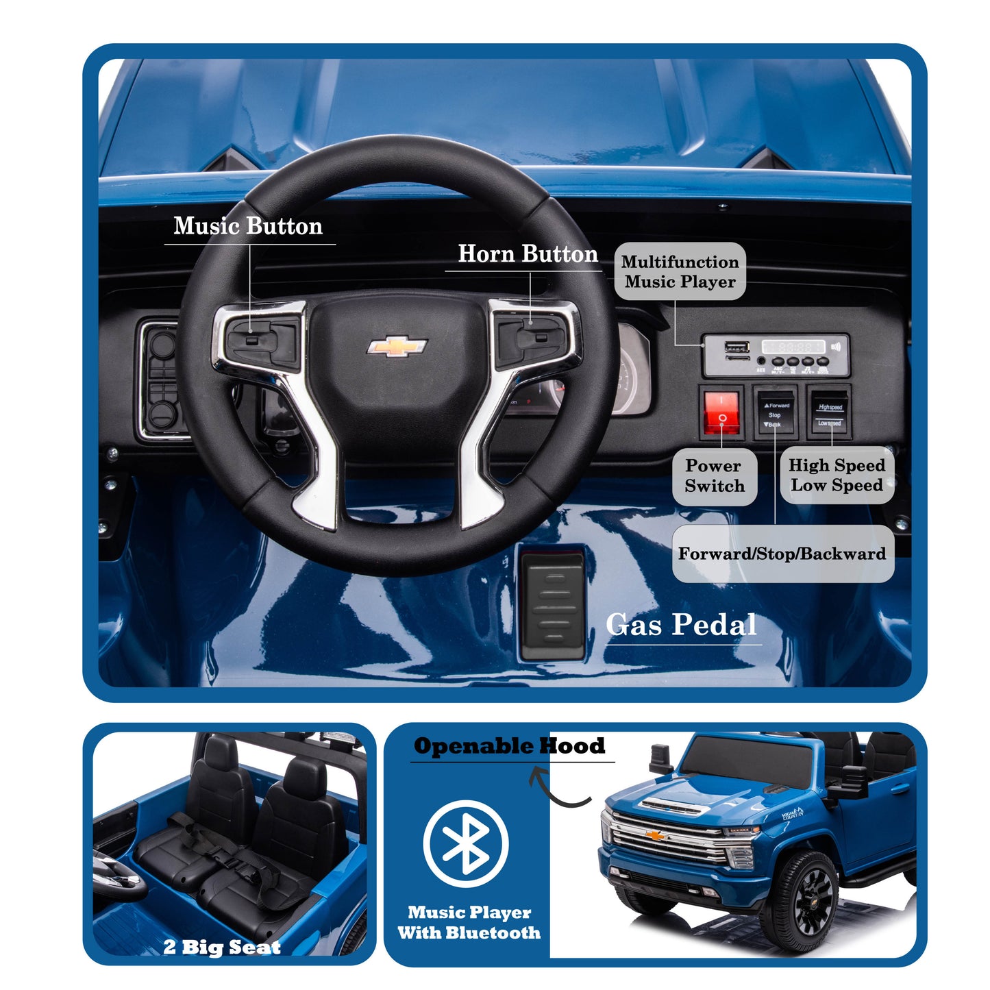 Blue, 24V 2 Seater Ride On Truck Car, Licensed Chevrolet Silverado HD Electric Car for Kids, 4WDmotors, with 2.4G Remote Control, Metal Suspension, Soft Start, FM/Bluetooth/Music, LED Light,Toys Gifts