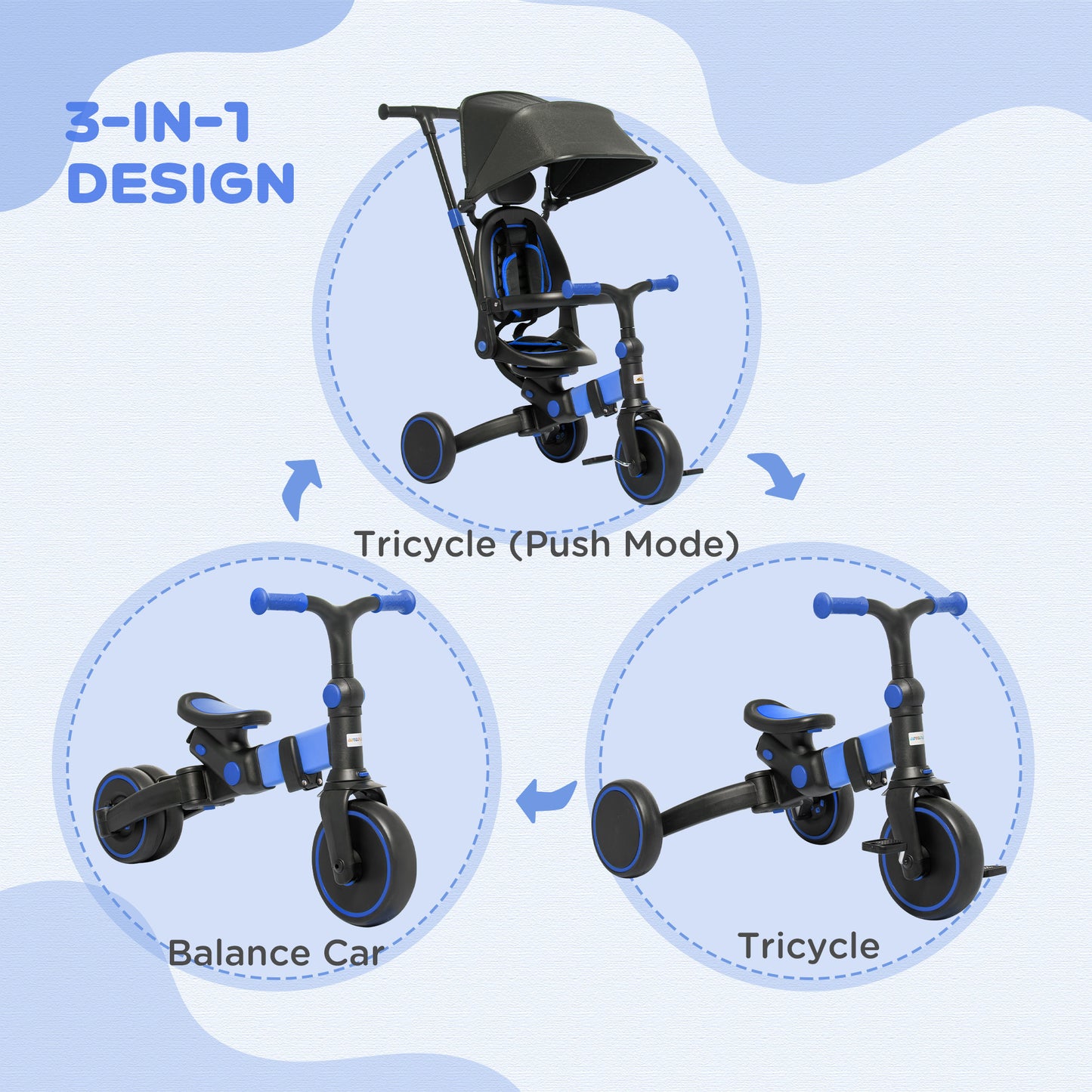 Qaba 3-in-1 Toddler Trike, Push Tricycle, & Balance Bike with Adjustable Settings, Toddler Push Bike, Baby Bike with Shady Canopy, Ages 1.5-4, Blue