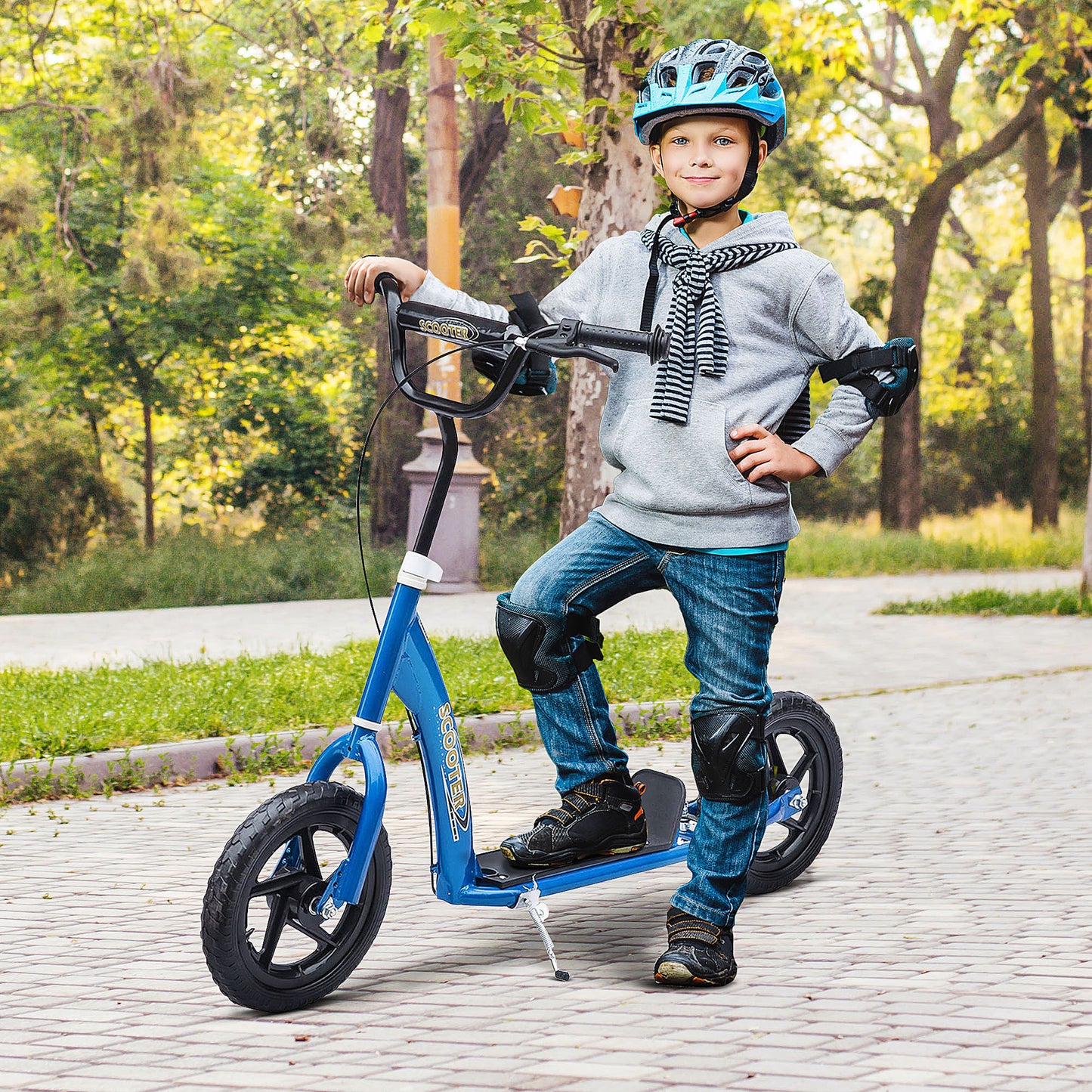 HOMCOM Kick Scooter for Kids 5-12 Years Old, Big Wheel Kids Scooter with Adjustable Height Handlebar, Non-slip Footplate, Rear Brake, Blue