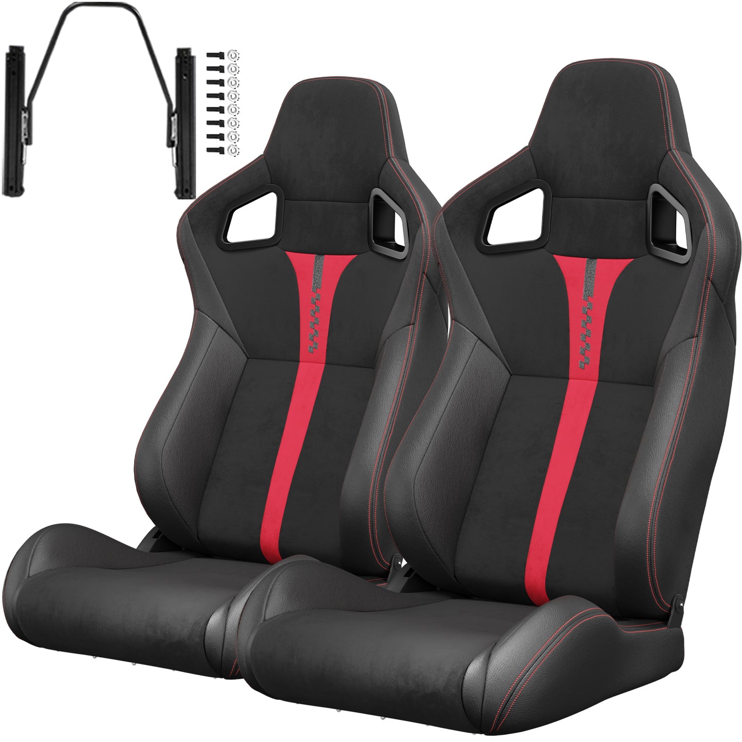 2PC New Universal Bucket Racing Seats Red Stitch Red PVC Leather Reclinable Carbon Look Leather Back With Adjustor Slider(Not Including Seat Bracket ) 1 box of 2 pieces