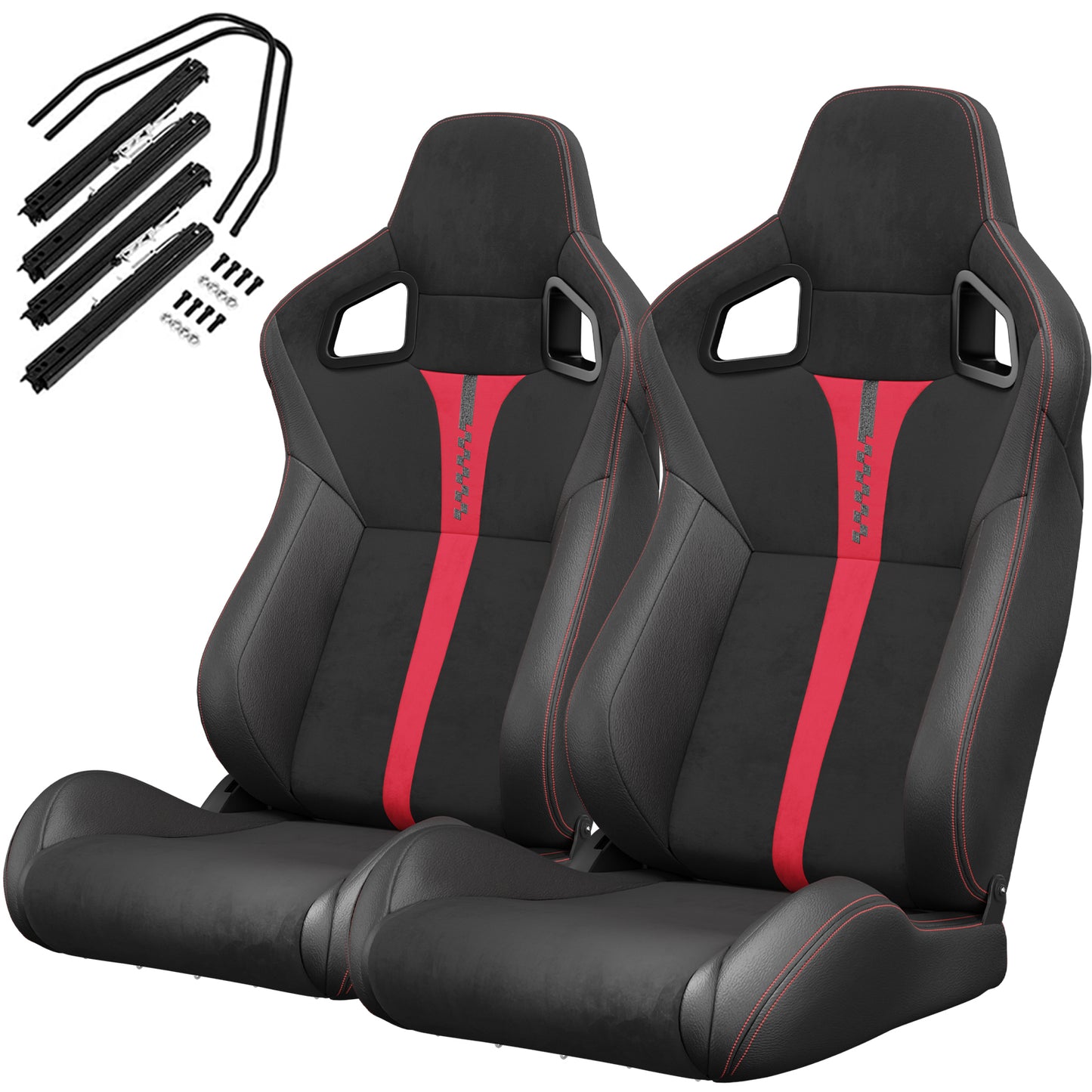 2PC New Universal Bucket Racing Seats Red Stitch Red PVC Leather Reclinable Carbon Look Leather Back With Adjustor Slider(Not Including Seat Bracket ) 1 box of 2 pieces