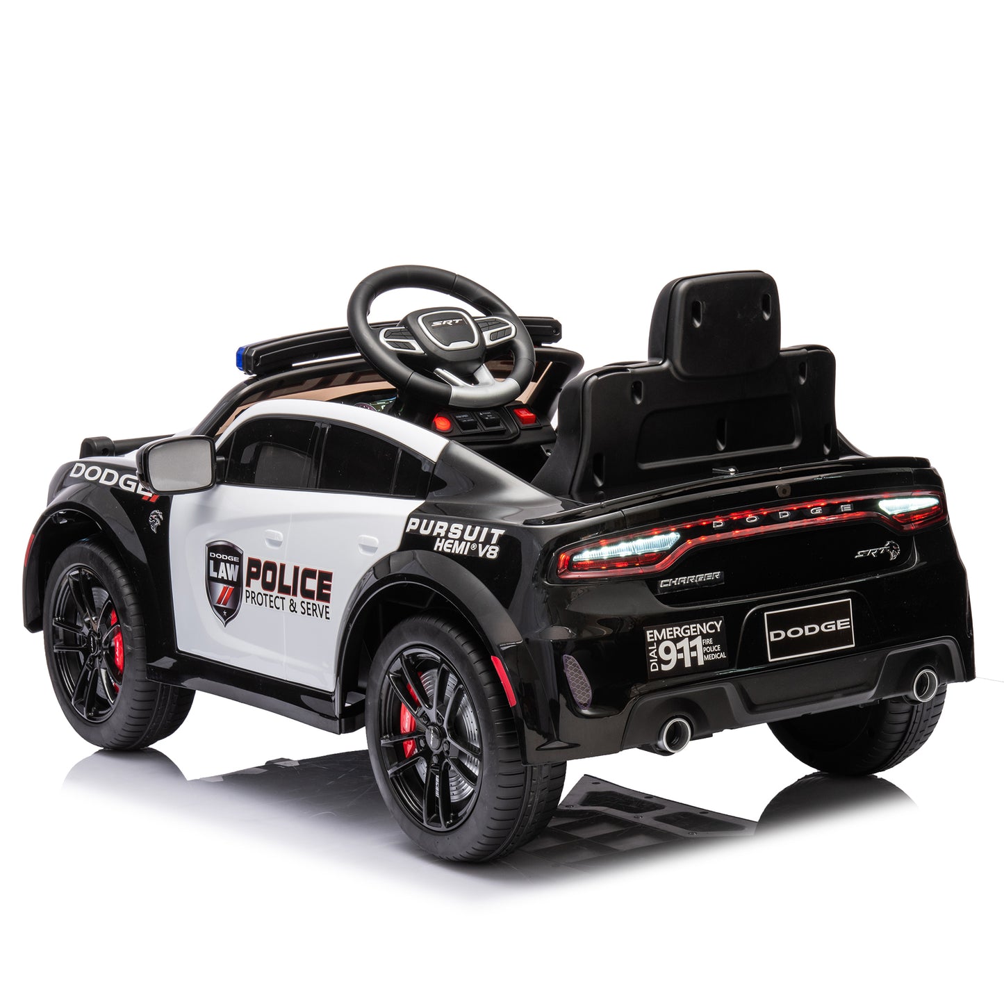 Licensed Dodge Charger,12v Kids ride on police car W/Parents Remote Control,anti-collision bar,Front& top alarm light design,Police car sticker,megaphone,three-speed,slow start,Four wheel suspension.