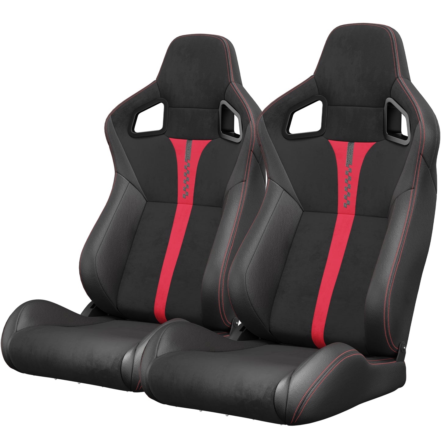 2PC New Universal Bucket Racing Seats Red Stitch Red PVC Leather Reclinable Carbon Look Leather Back With Adjustor Slider(Not Including Seat Bracket ) 1 box of 2 pieces