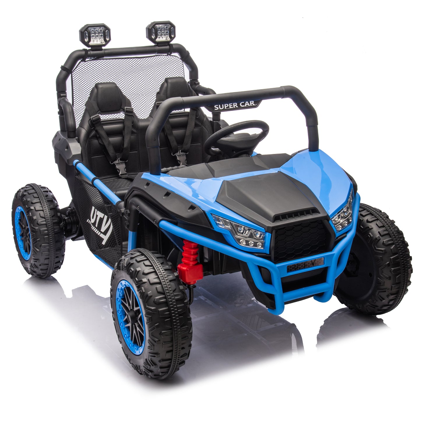 24V Two-seater Kids Ride On UTV W/Parents Control,400W Super Power,Four-wheel suspension,LED Light with Rear searchlight,Bluetooth,MP3,Music,Rear storage space,Speeds 3.73-4.97MPH for Kids aged 3+.