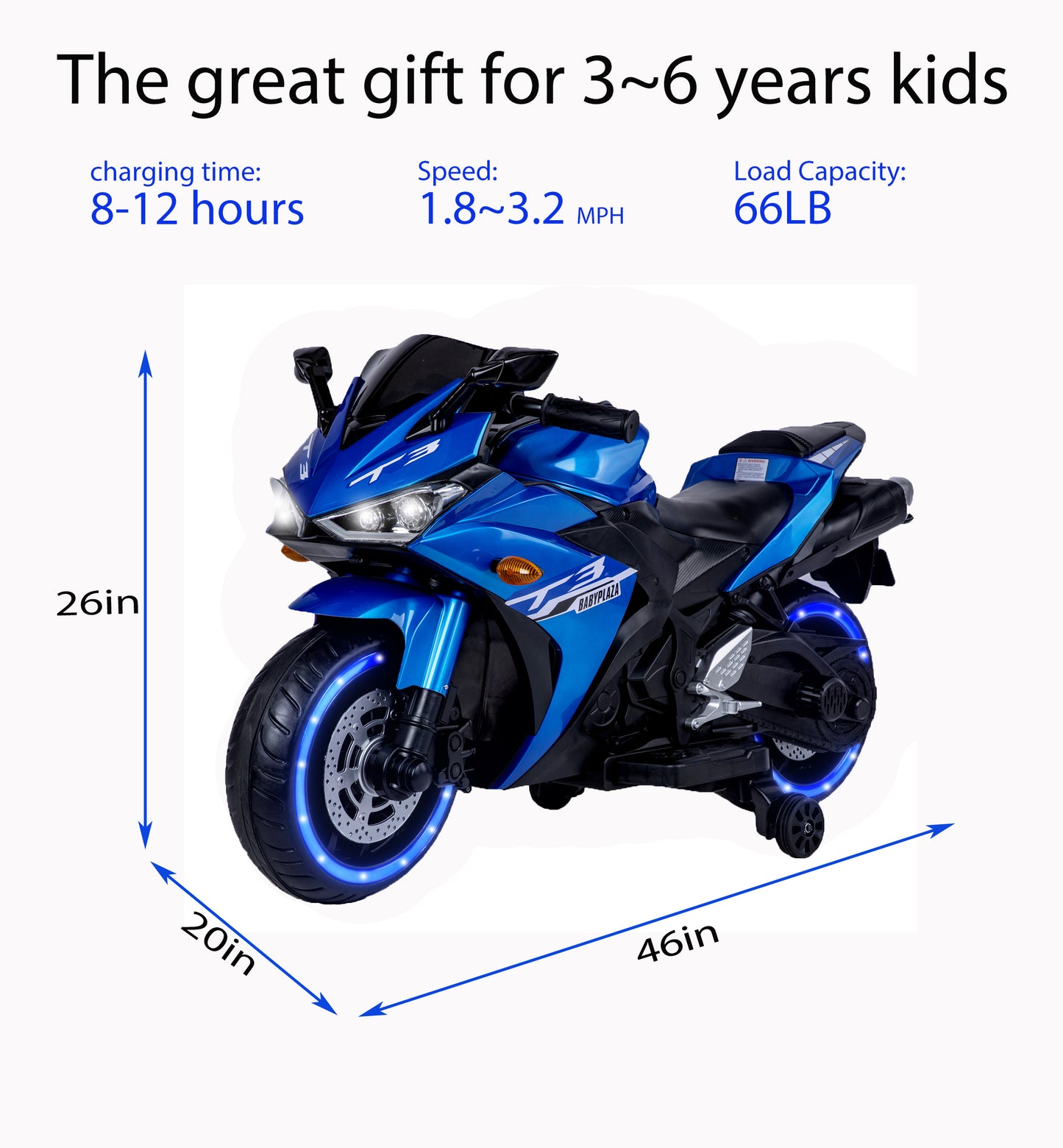 kids motorcycle, 12V motorcycle for kids 3 4 5 6 years Boys Girls  12v7ah kids motorcycle ride on toy with Training  Wheels/manual throttle/ drive by hand /Lighting  wheels