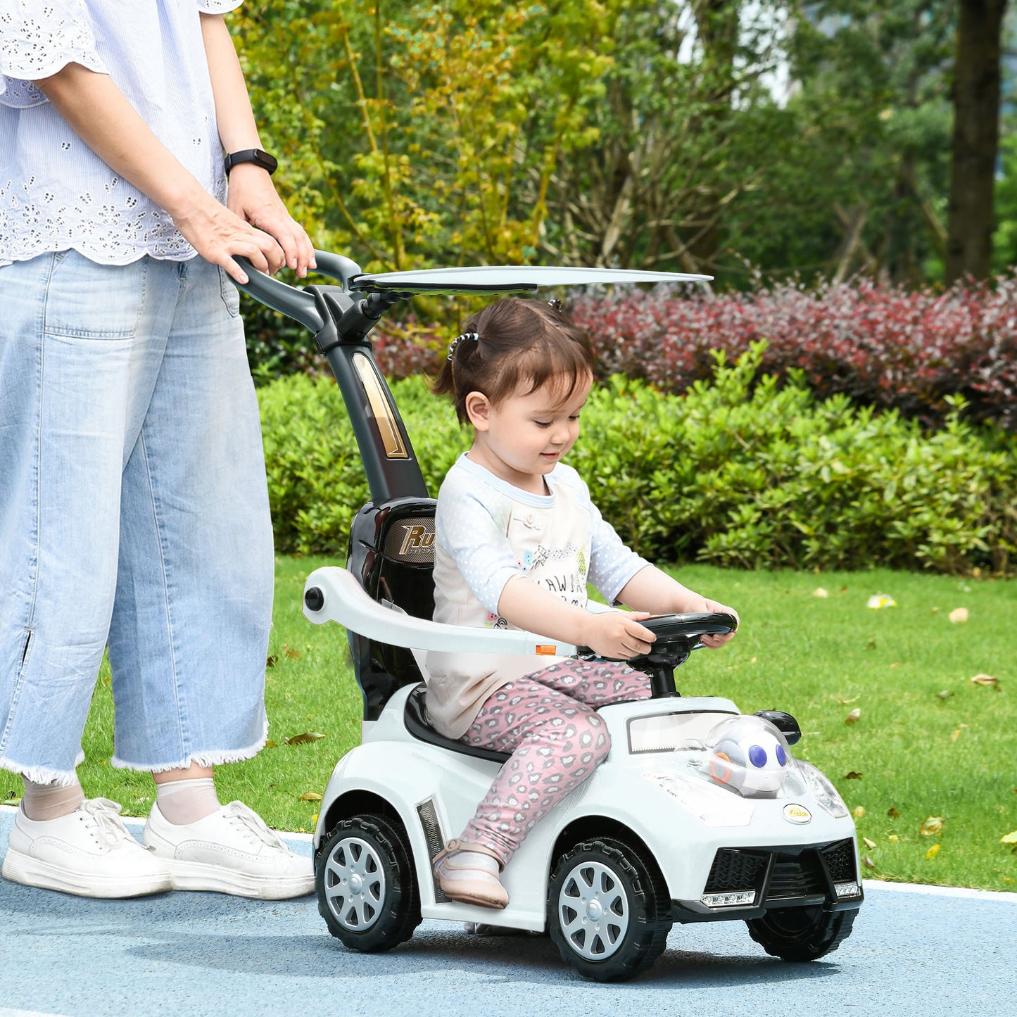 Qaba Push Car for Kids 1-3 Years, 3 in 1 Ride on Sliding Car, Foot to Floor Baby Push Car with Removable Handle, Music, Horn, Canopy, Safety Guardrail for Boys and Girls, White