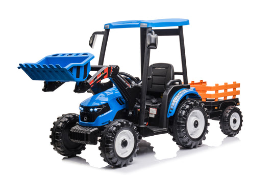 Pedal Tractors with Working Loader and Backhoe Digger, Kids' Ride on Car Toys 24V Battery Powered Electric Vehicles with Trailer, Digger for Toddlers (Blue)