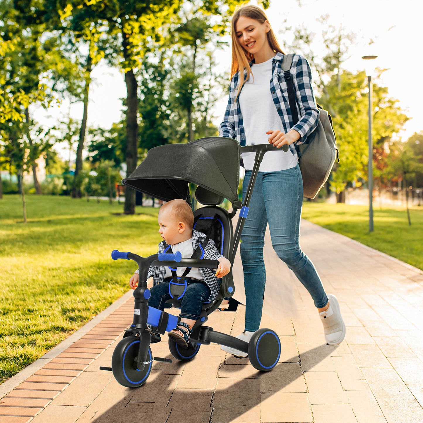 Qaba 3-in-1 Toddler Trike, Push Tricycle, & Balance Bike with Adjustable Settings, Toddler Push Bike, Baby Bike with Shady Canopy, Ages 1.5-4, Blue