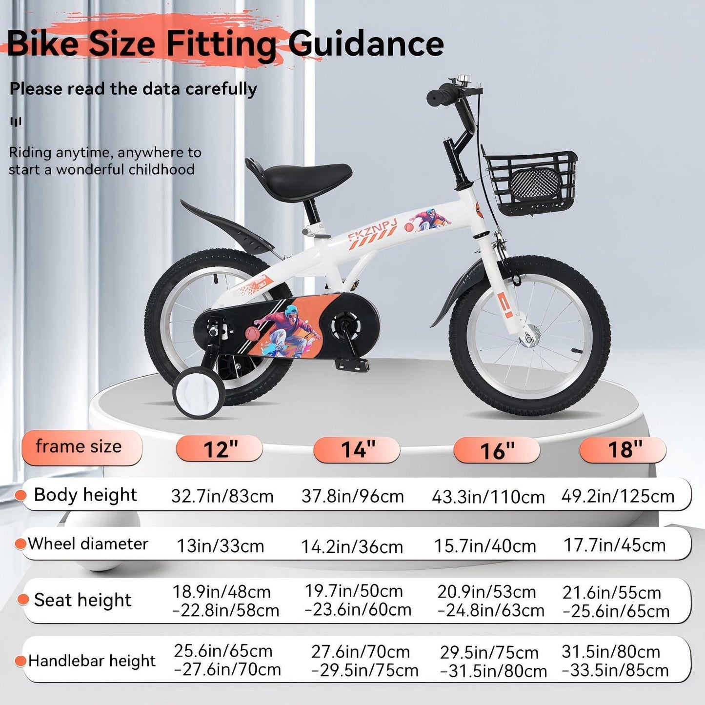 FKZNPJ 16 inch sporty kids bike with training wheels and stand Adjustable saddle Suitable for boys and girls aged 4-8 years tall Height 41-53 inches Available in a variety of colors