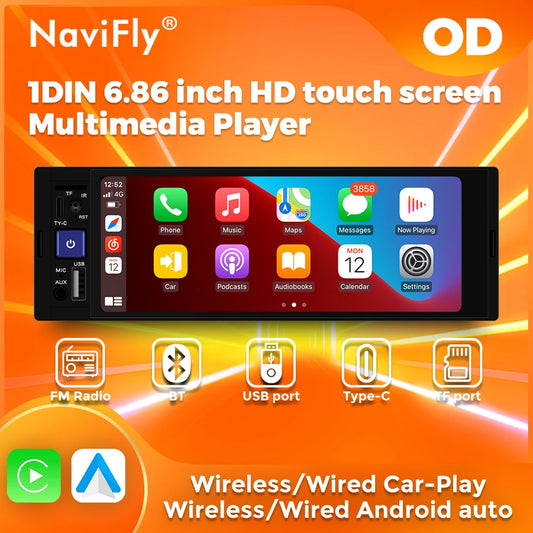 NaviFly 6.86" 1 Din MP5 Player Car Stereo Radio Wireless Carplay Android Auto Multimedia Player BT FM Receiver Head Unit