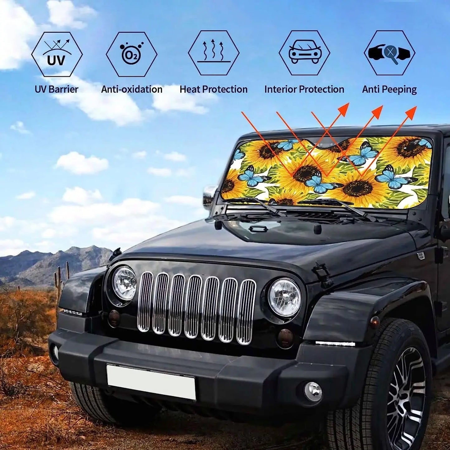 Butterfly Sunflower Car Sun Shade for Front Windshield Sunshades Foldable Protector Blocks Uv Rays Sun Visor Keep Vehicle Cool