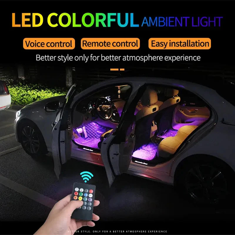 LED Car Foot Light Ambient Lamp With USB Wireless Remote Music Control Multiple Modes Automotive Interior Decorative Lights