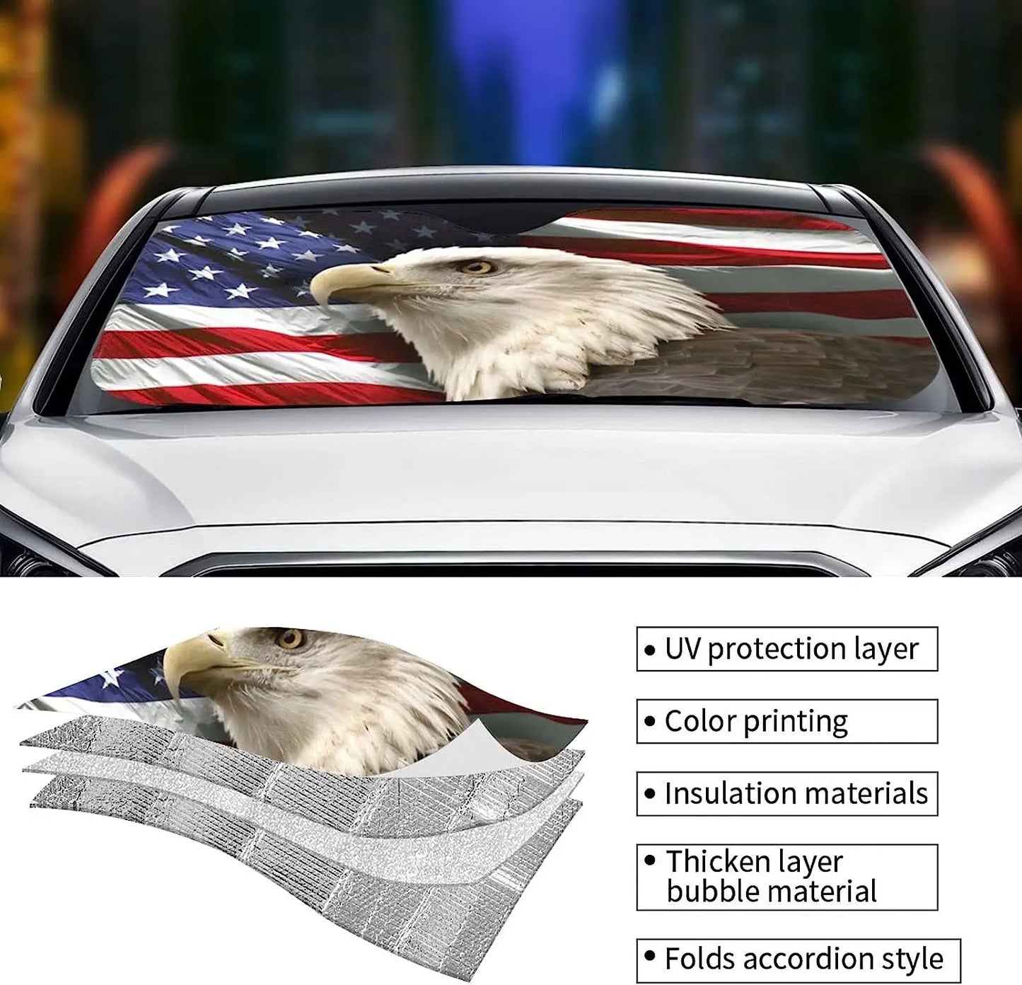 American Flag Eagle Staring Front Windshield Sun Shade Auto Sunshade for Car Truck SUV Blocks UV Rays Sun Visor Protector