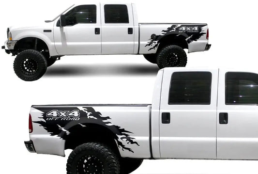 Factory Crafts 4x4 Offroad Torn Side Graphics Kit 3M Vinyl Decal Wrap Compatible with Ford F-250 1999-2006 - Matte Black