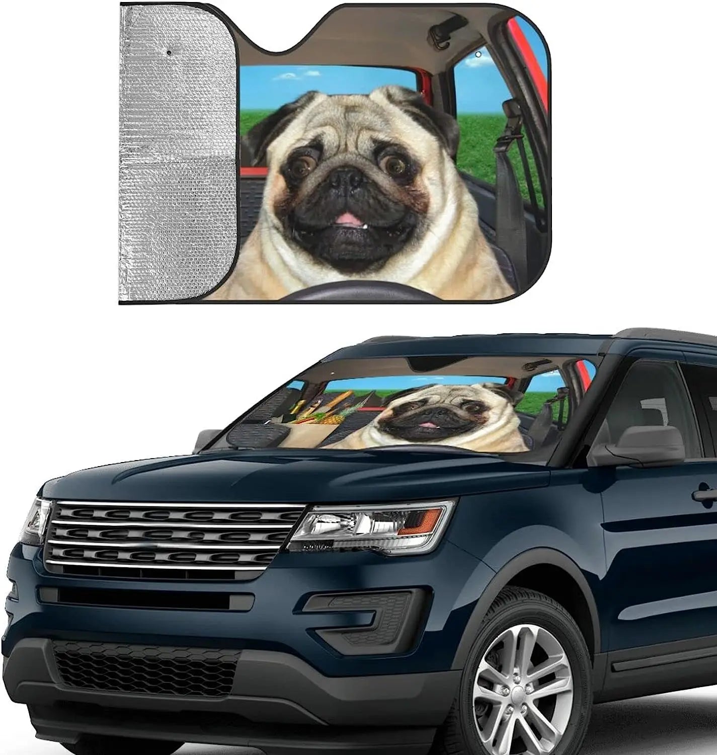 The Pug Dog Anime Windshield Sun Shade for Car SUV Truck Front Window Sun Shade Accessory Visor Protector Shield Cover