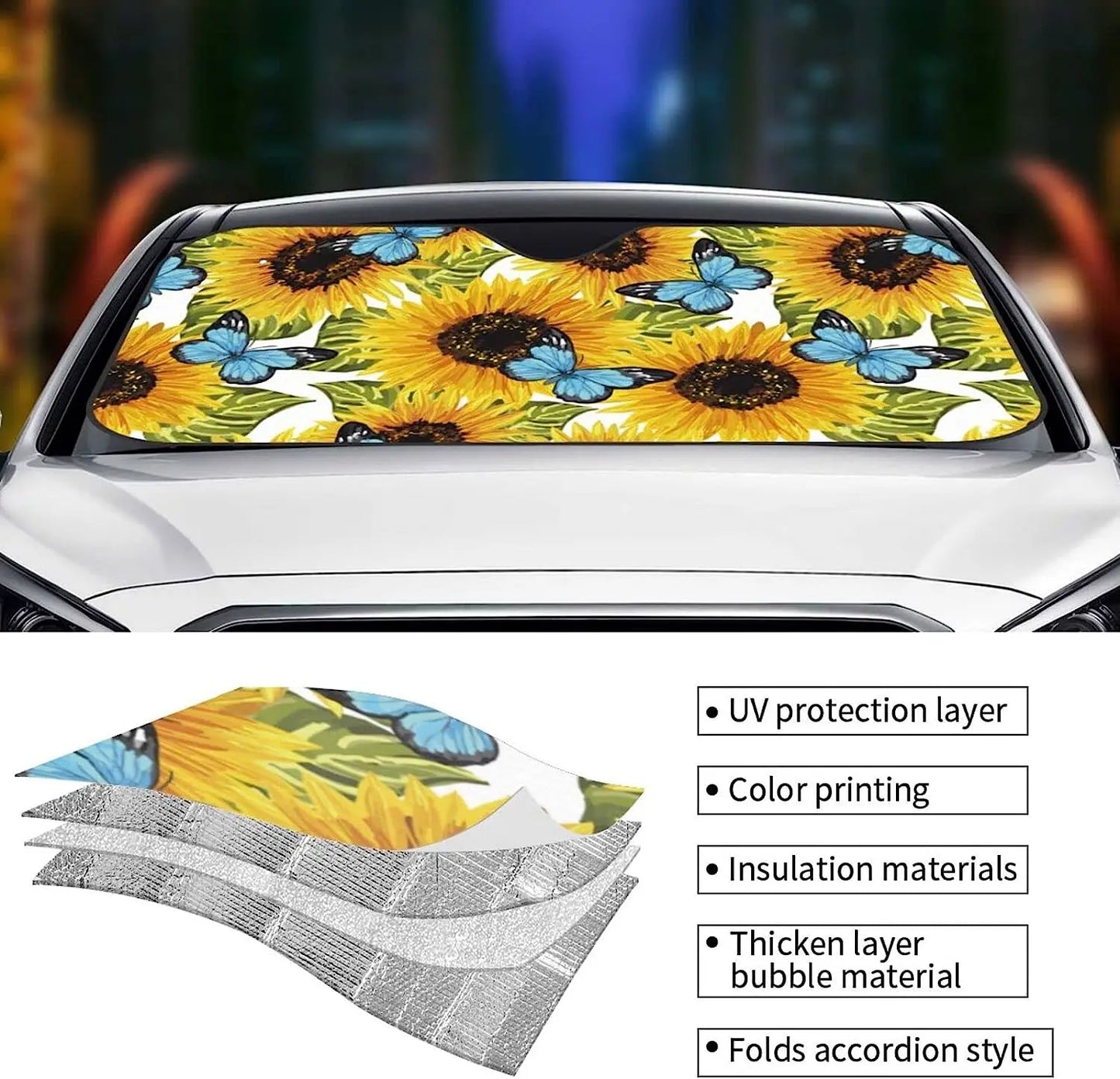 Butterfly Sunflower Car Sun Shade for Front Windshield Sunshades Foldable Protector Blocks Uv Rays Sun Visor Keep Vehicle Cool