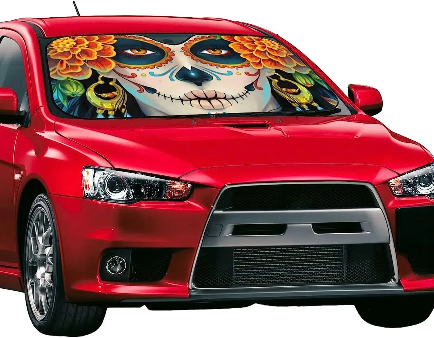 Windshield Sun Shade Funny Sunshade for Car Windshield for Women Foldable Sugar Skull and Roses Day of Dead Blocks UV Ray