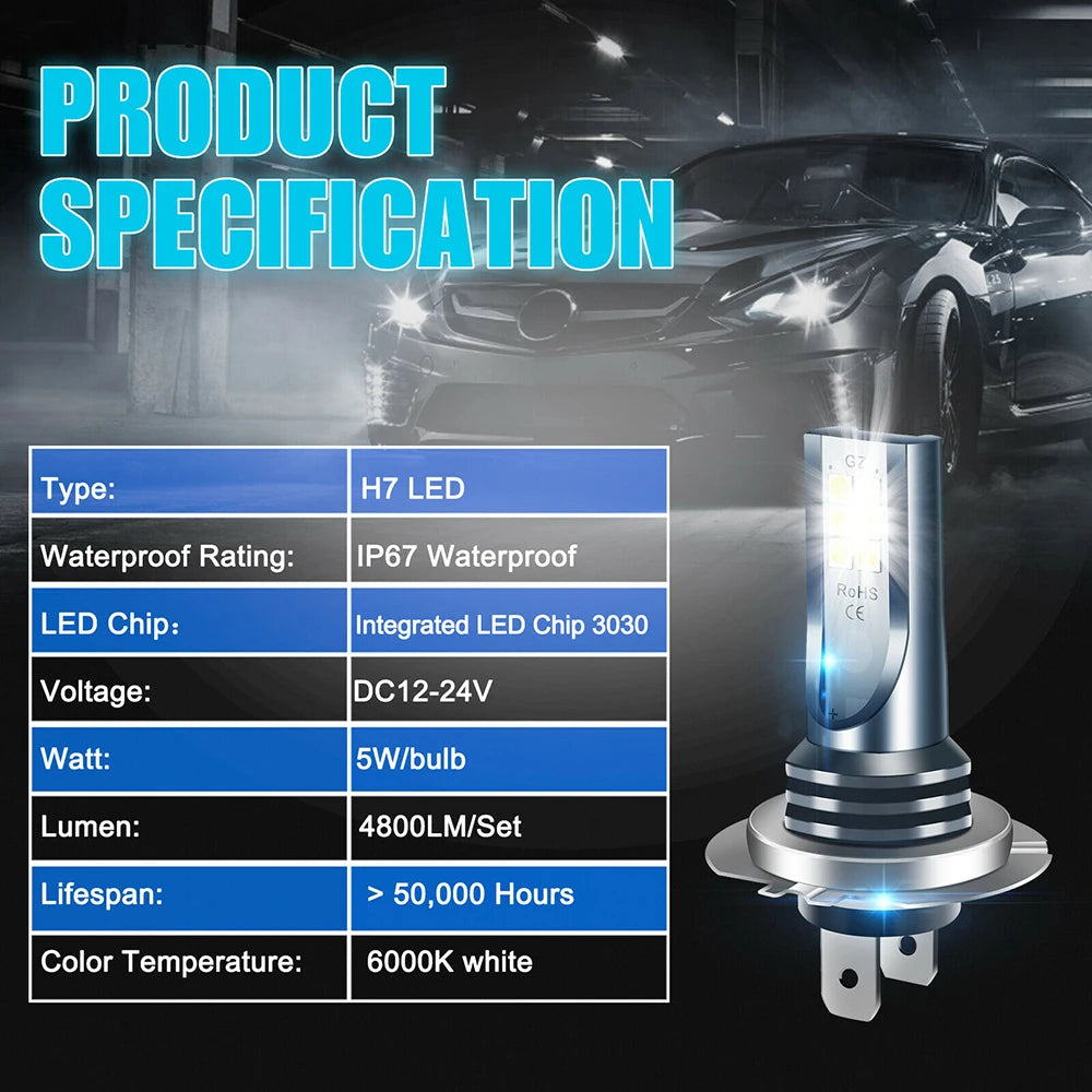 Car H7 Led Headlight Bulb High Power Car Lights Super Bright Car Fog Light Bulbs Auto High Low Beam 6500k White Led Lights 12V