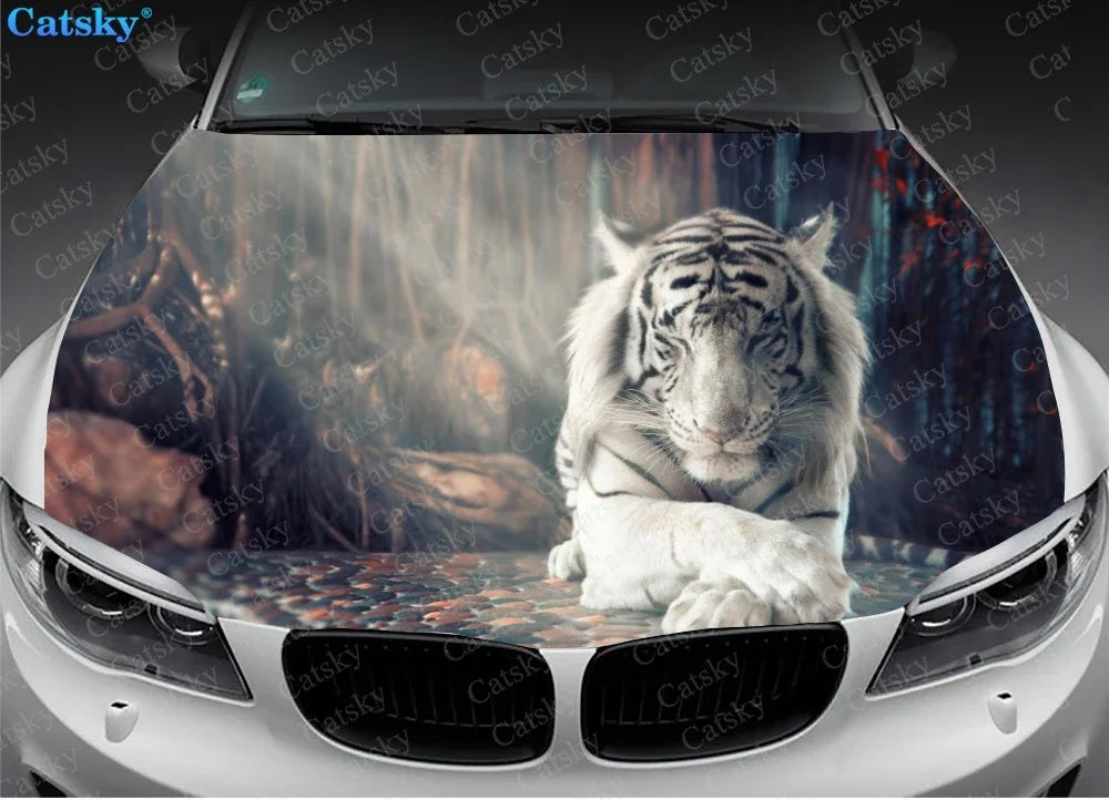 White Tiger Glowing Eyes Car Hood Wrap Color Vinyl Sticker Decal Truck Graphic Bonnet Decal Custom Car Decoration Stickers