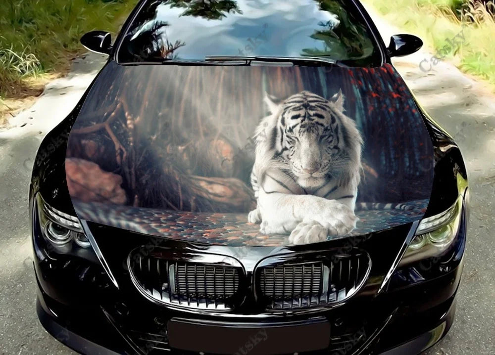 White Tiger Glowing Eyes Car Hood Wrap Color Vinyl Sticker Decal Truck Graphic Bonnet Decal Custom Car Decoration Stickers