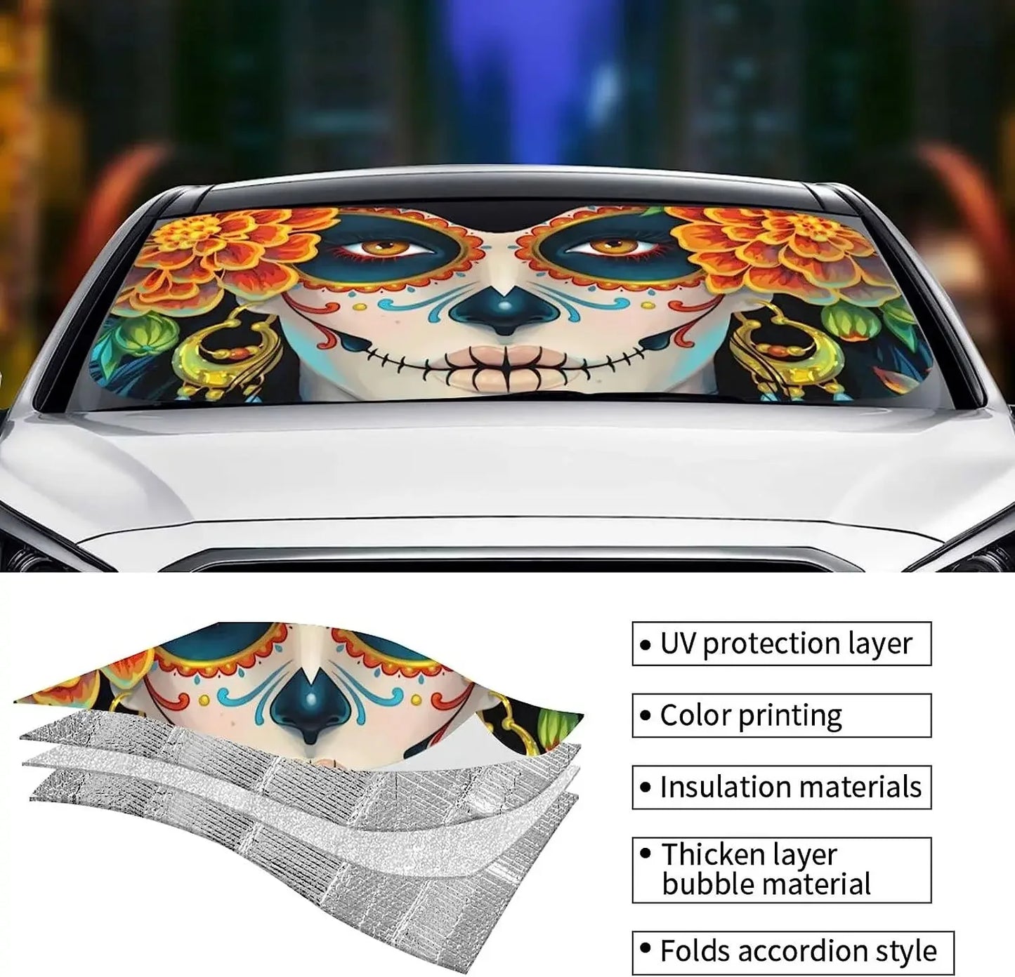 Windshield Sun Shade Funny Sunshade for Car Windshield for Women Foldable Sugar Skull and Roses Day of Dead Blocks UV Ray