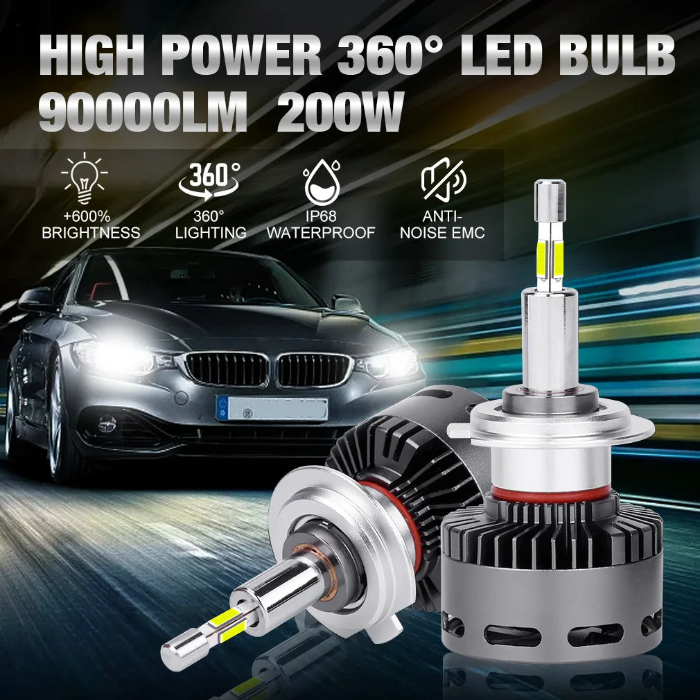 90000LM 4 Sides H7 Led CSP Car Headlights Bulbs 200W 360 Turbo H8 H11 H4 H1 H3 HB3 9005 HB4 9006 9012 HIR2 Mini Lamp 12V