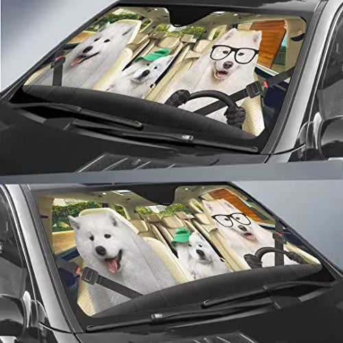 Samoyed Dog Auto Windshield Sun Shade Samoyed Windshield Sun Shade Foldable Dog Print Sunshades for Car SUV Truck to Keep Cool