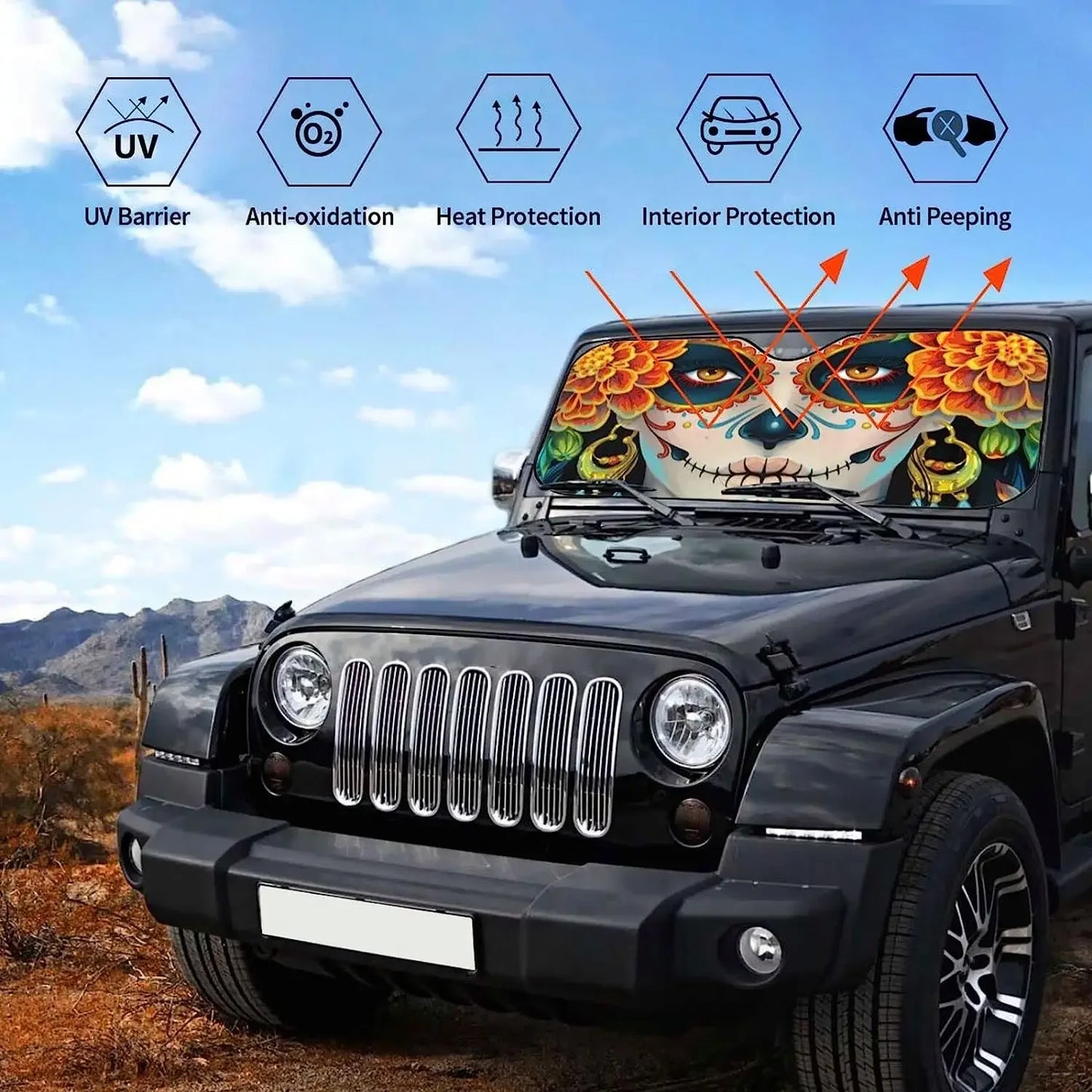 Windshield Sun Shade Funny Sunshade for Car Windshield for Women Foldable Sugar Skull and Roses Day of Dead Blocks UV Ray