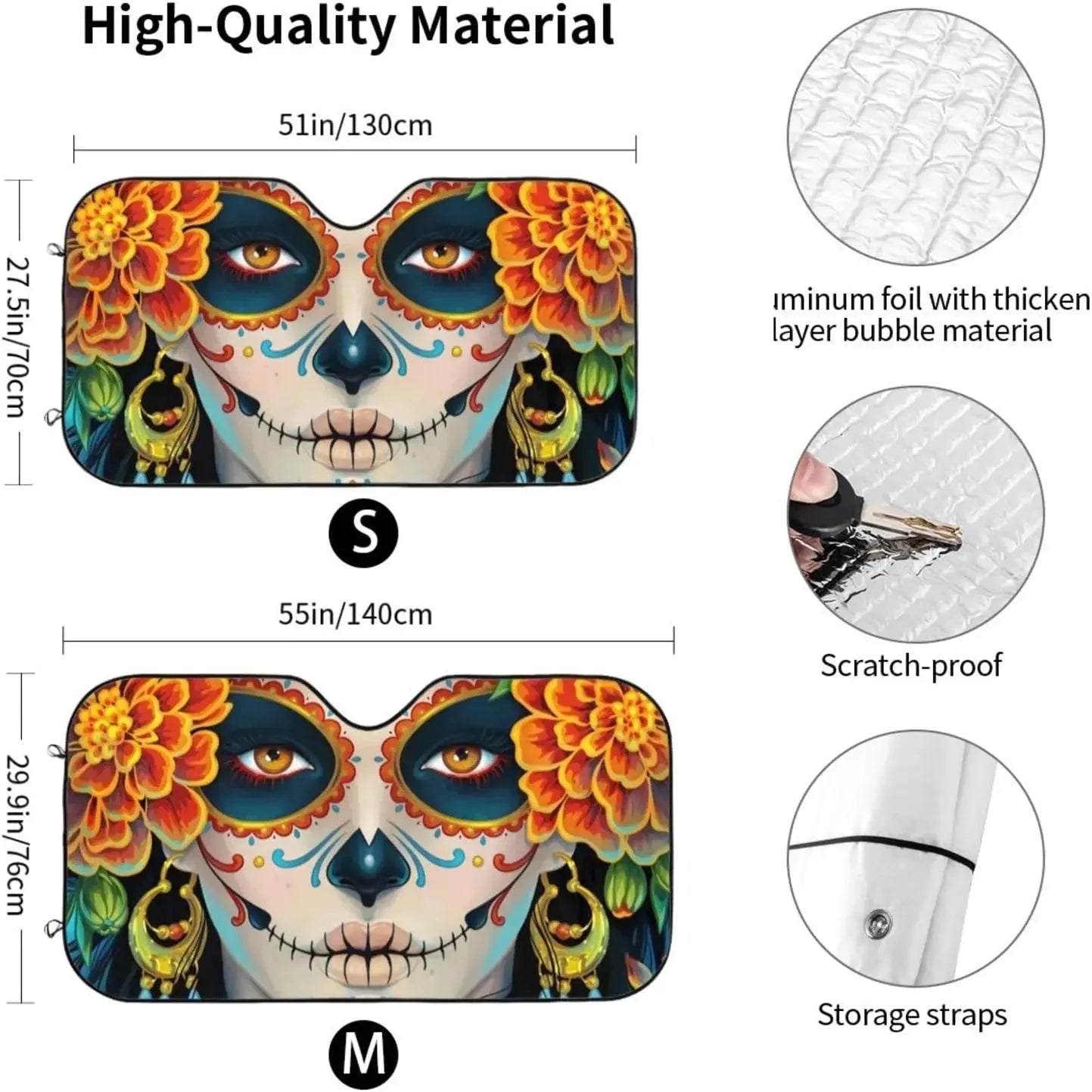 Windshield Sun Shade Funny Sunshade for Car Windshield for Women Foldable Sugar Skull and Roses Day of Dead Blocks UV Ray