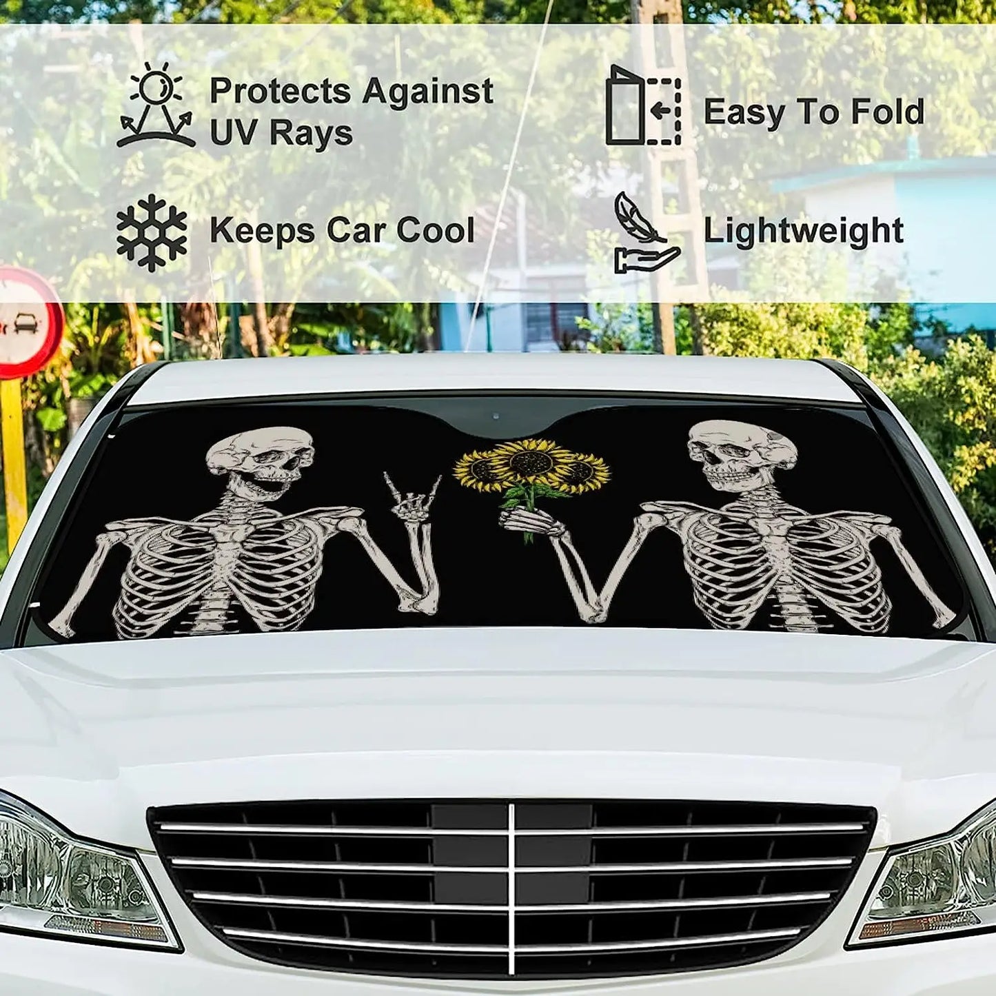 Funny Skull Car Windshield Sunshade Hippie Skeleton with Sunflowers Cool Car Front Window Umbrella Foldable Sun Shade Visor