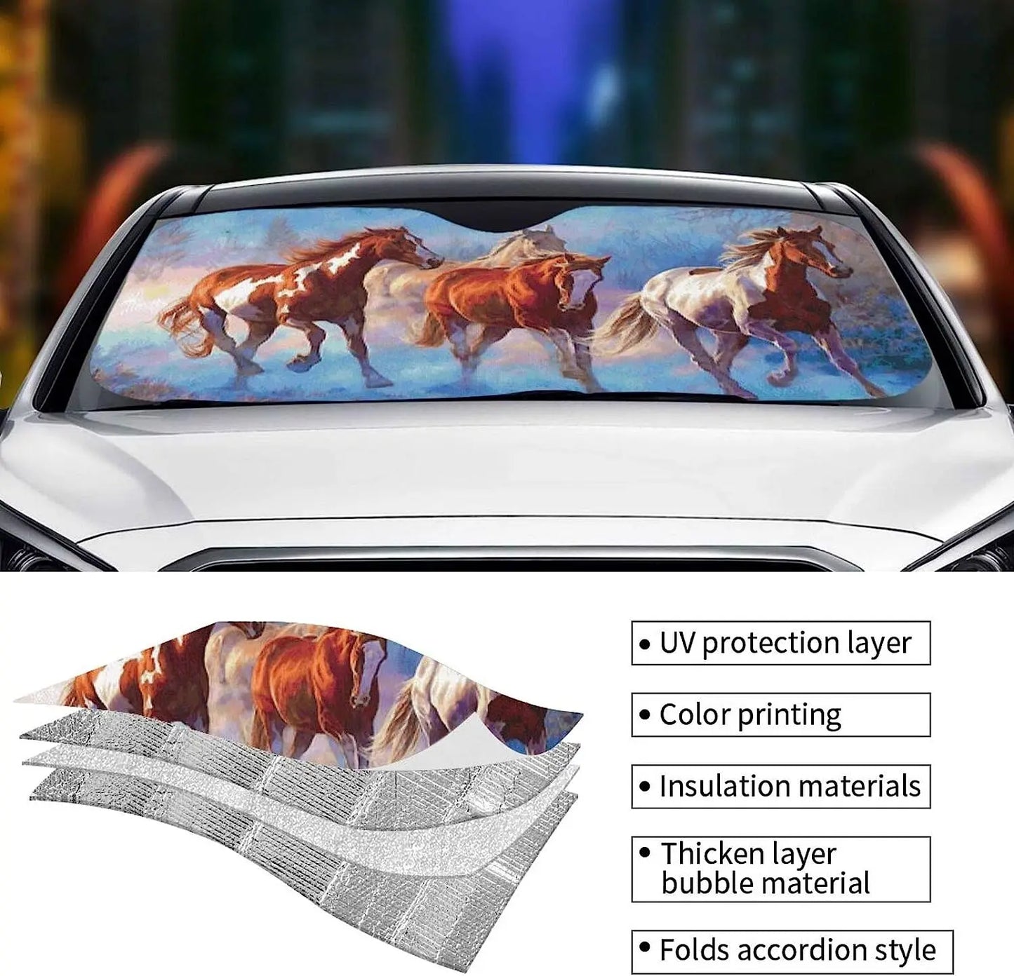 Horses Car Windshield Sun Shade Front Window Blocks UV Rays Accordion Folding Visor Protector Shield Auto Sunshades Cover