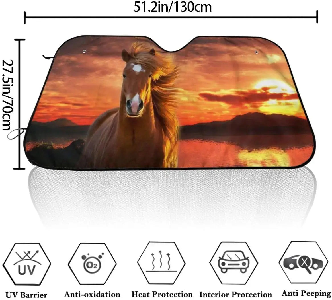 Sunset and Horse Car Windshield Sun Shade Auto Sunshade for Car Truck SUV Blocks Rays Sun Visor Protector Keeps Vehicle Cool