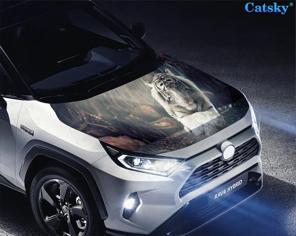 White Tiger Glowing Eyes Car Hood Wrap Color Vinyl Sticker Decal Truck Graphic Bonnet Decal Custom Car Decoration Stickers