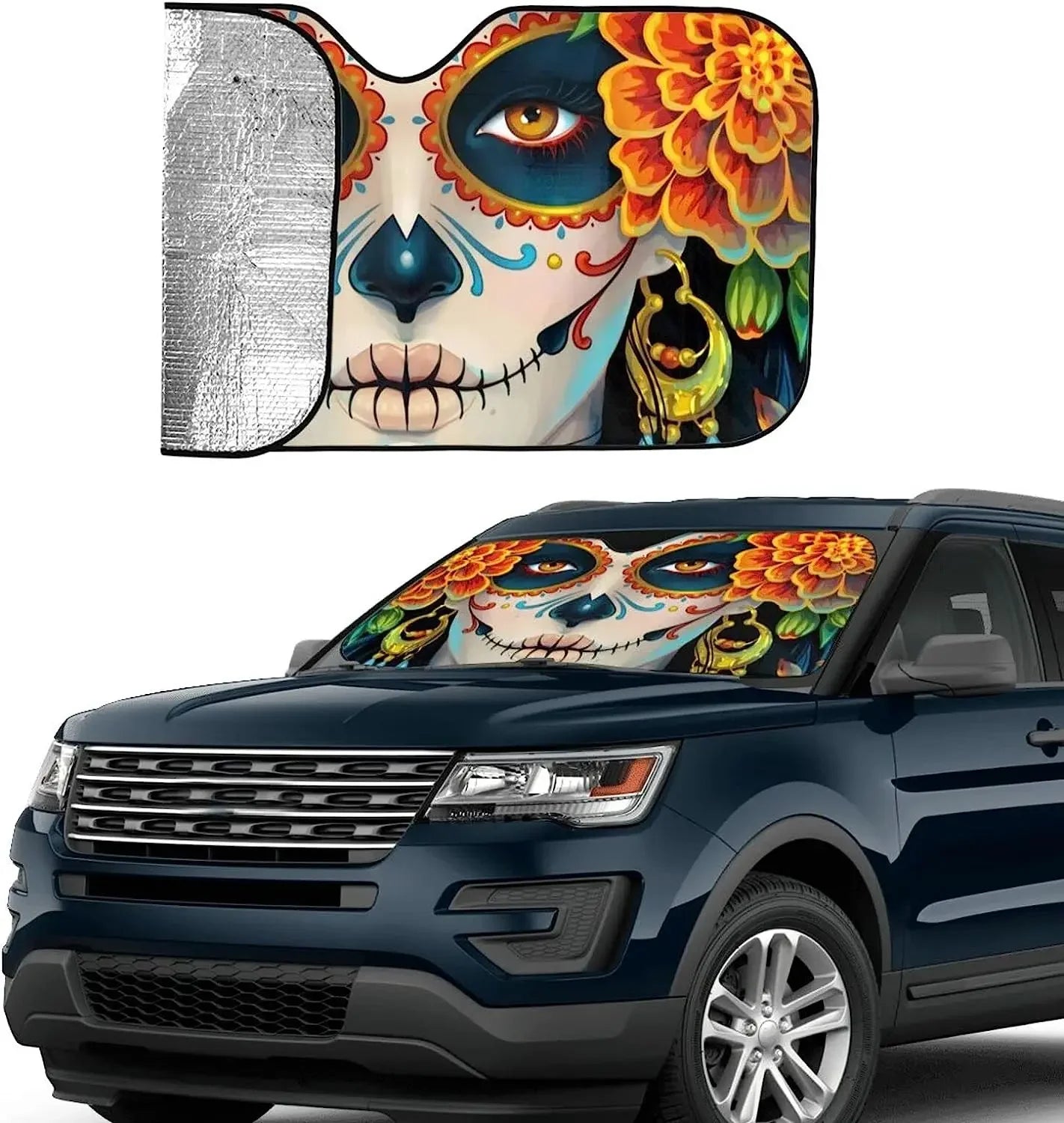 Windshield Sun Shade Funny Sunshade for Car Windshield for Women Foldable Sugar Skull and Roses Day of Dead Blocks UV Ray