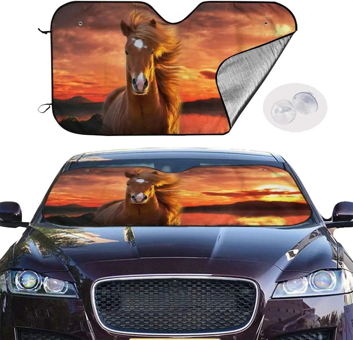 Sunset and Horse Car Windshield Sun Shade Auto Sunshade for Car Truck SUV Blocks Rays Sun Visor Protector Keeps Vehicle Cool