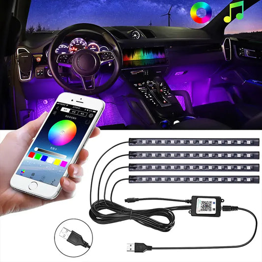 LED Car Foot Light Ambient Lamp With USB Wireless Remote Music Control Multiple Modes Automotive Interior Decorative Lights