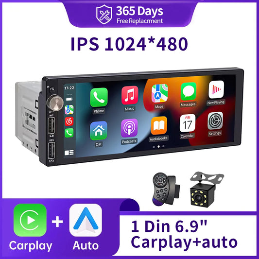 IPS 6.9 Inch 1Din Carplay Android Auto Car Radio Multimedia Video MP5 Player 1 Din No DVD with Bluetooth Stereo USB Charging