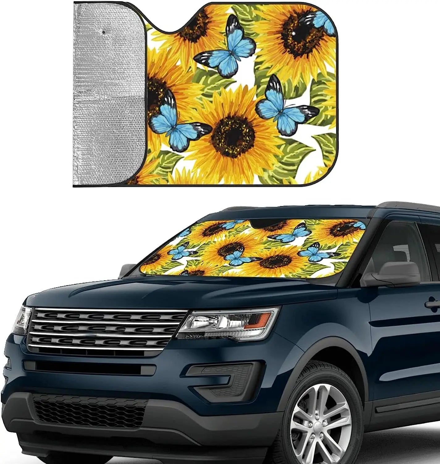 Butterfly Sunflower Car Sun Shade for Front Windshield Sunshades Foldable Protector Blocks Uv Rays Sun Visor Keep Vehicle Cool